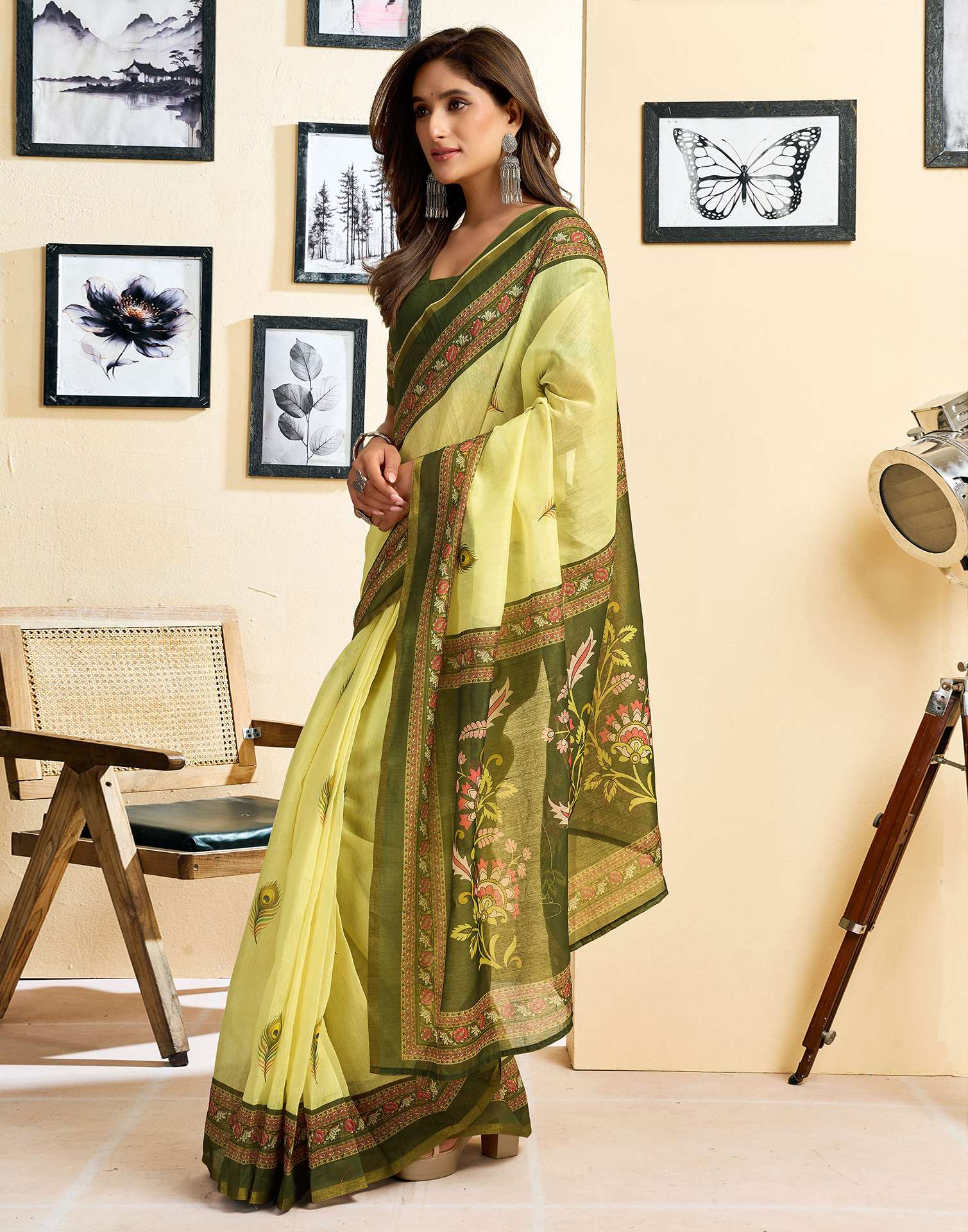 Ready To Wear Lemon Green Chanderi Cotton Printed Saree - Image 5