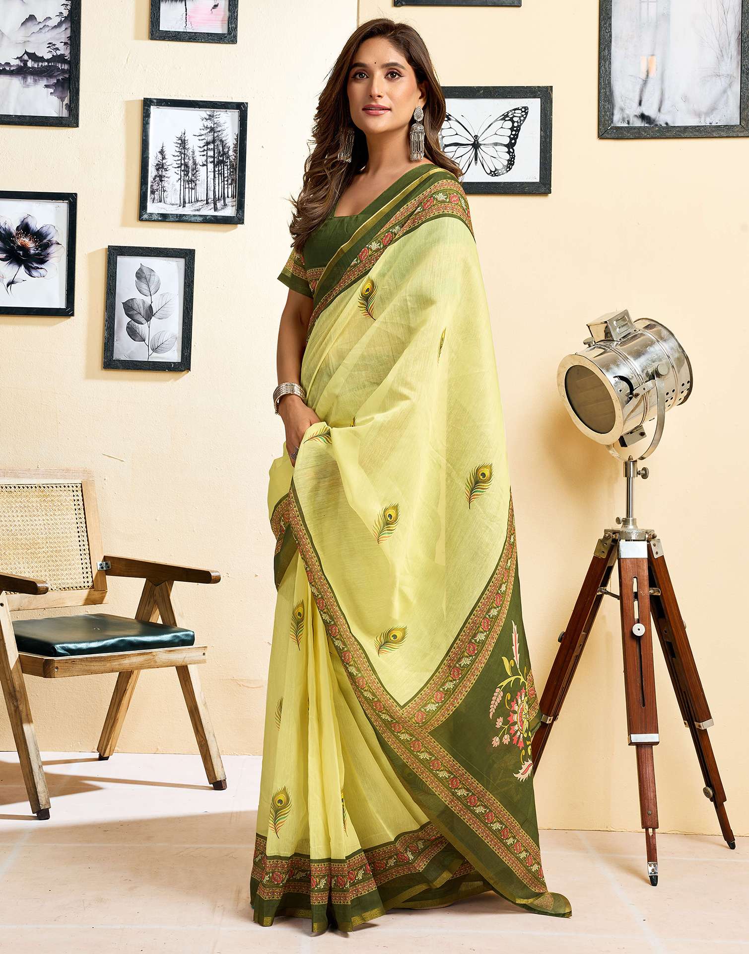 Ready To Wear Lemon Green Chanderi Cotton Printed Saree - Image 6