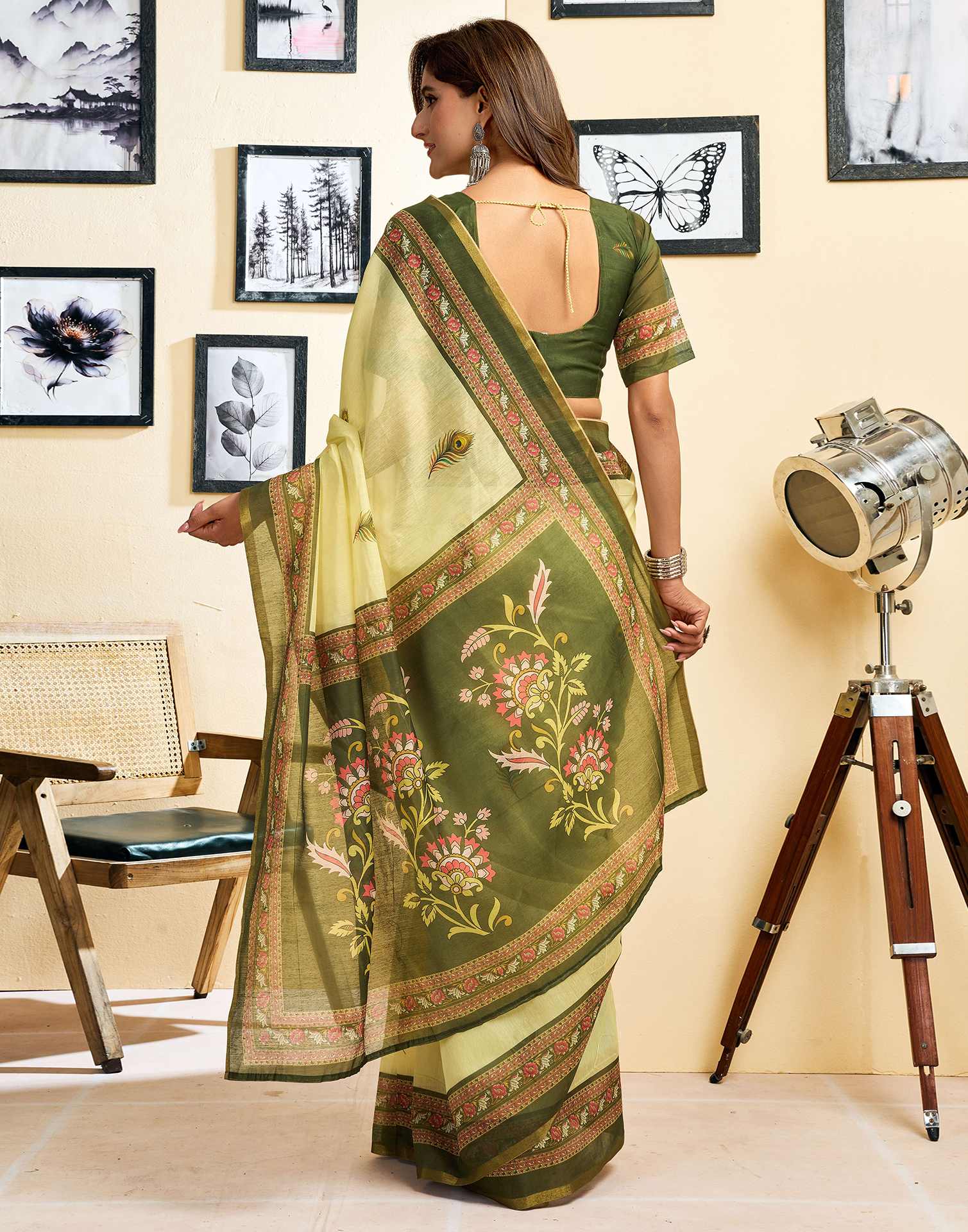 Ready To Wear Lemon Green Chanderi Cotton Printed Saree - Image 7