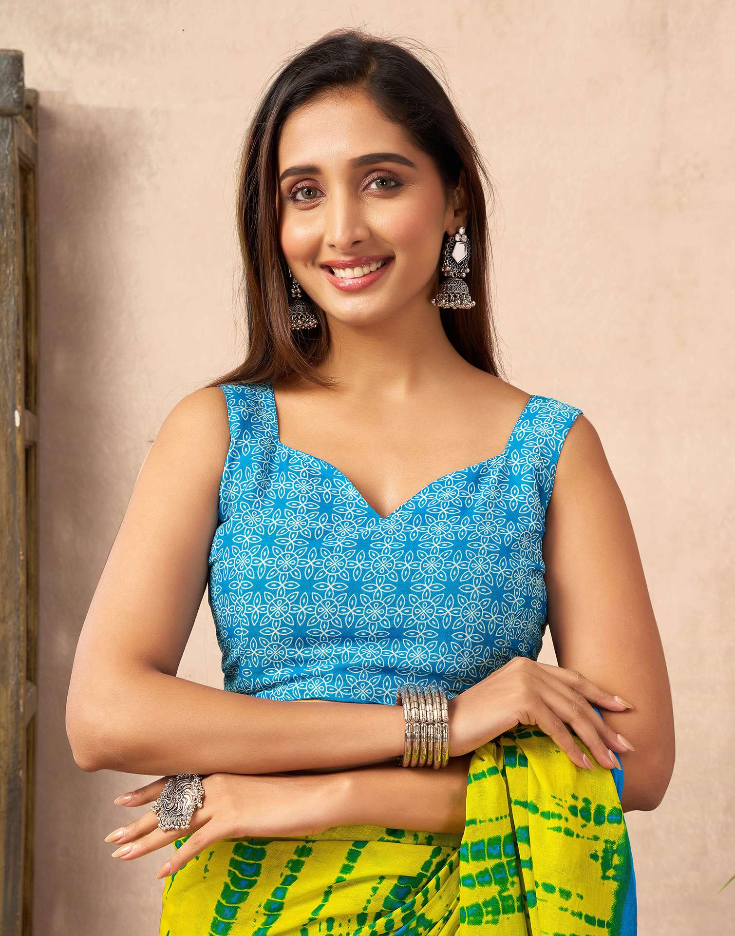 Ready To Wear Lemon Yellow Cotton Printed Saree With Pocket - Image 10