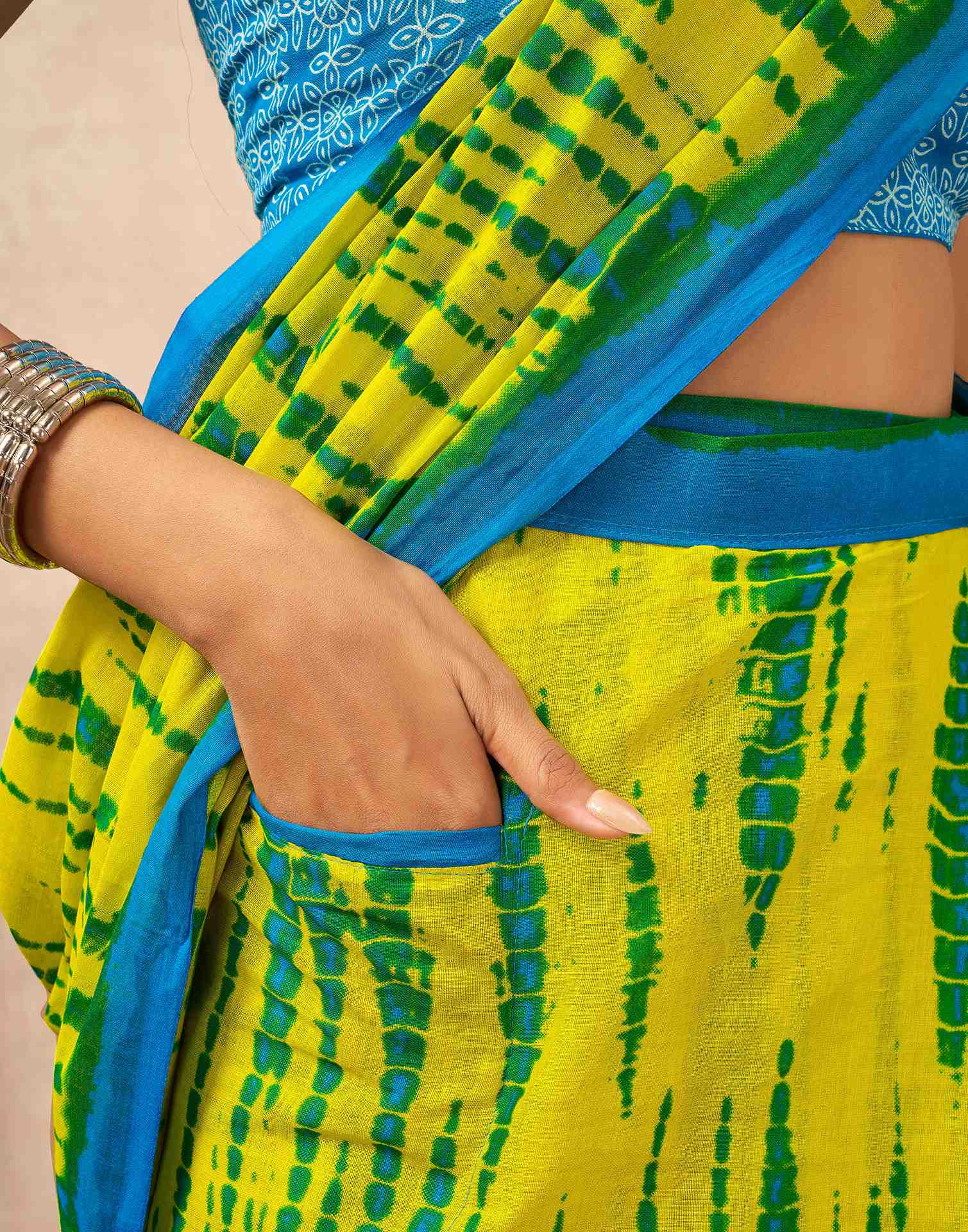 Ready To Wear Lemon Yellow Cotton Printed Saree With Pocket - Image 2
