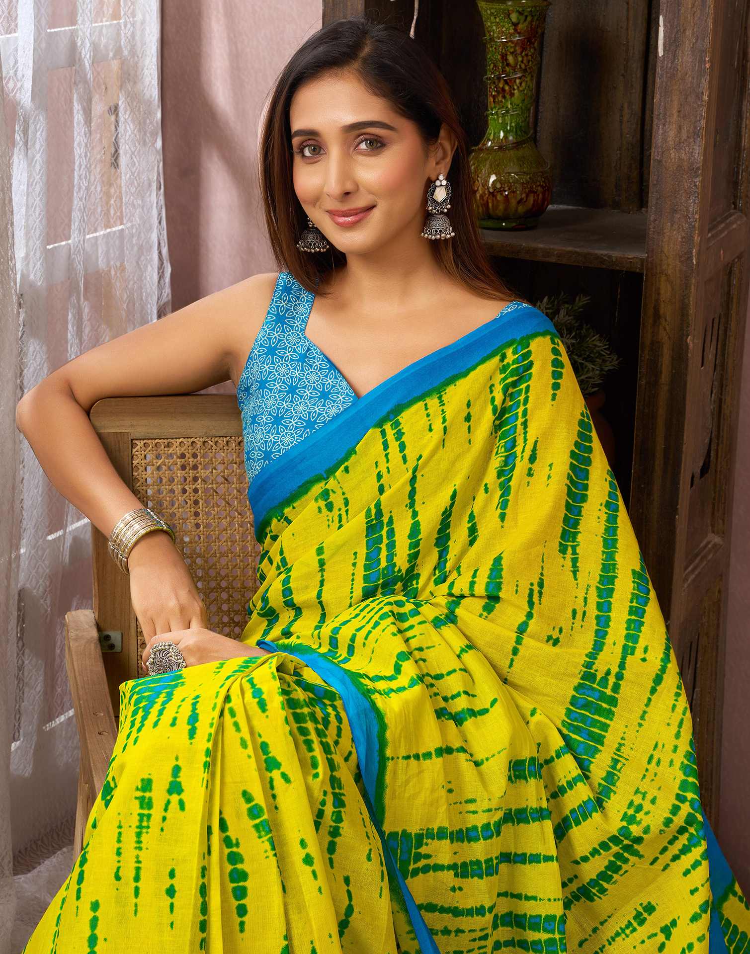 Ready To Wear Lemon Yellow Cotton Printed Saree With Pocket - Image 6