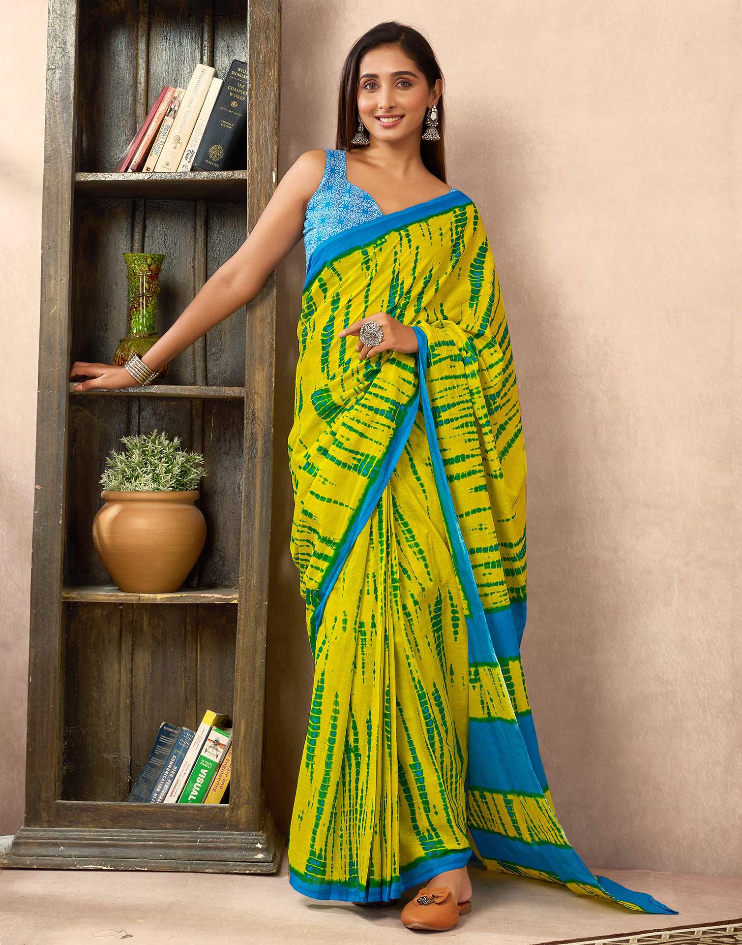 Ready To Wear Lemon Yellow Cotton Printed Saree With Pocket - Image 8
