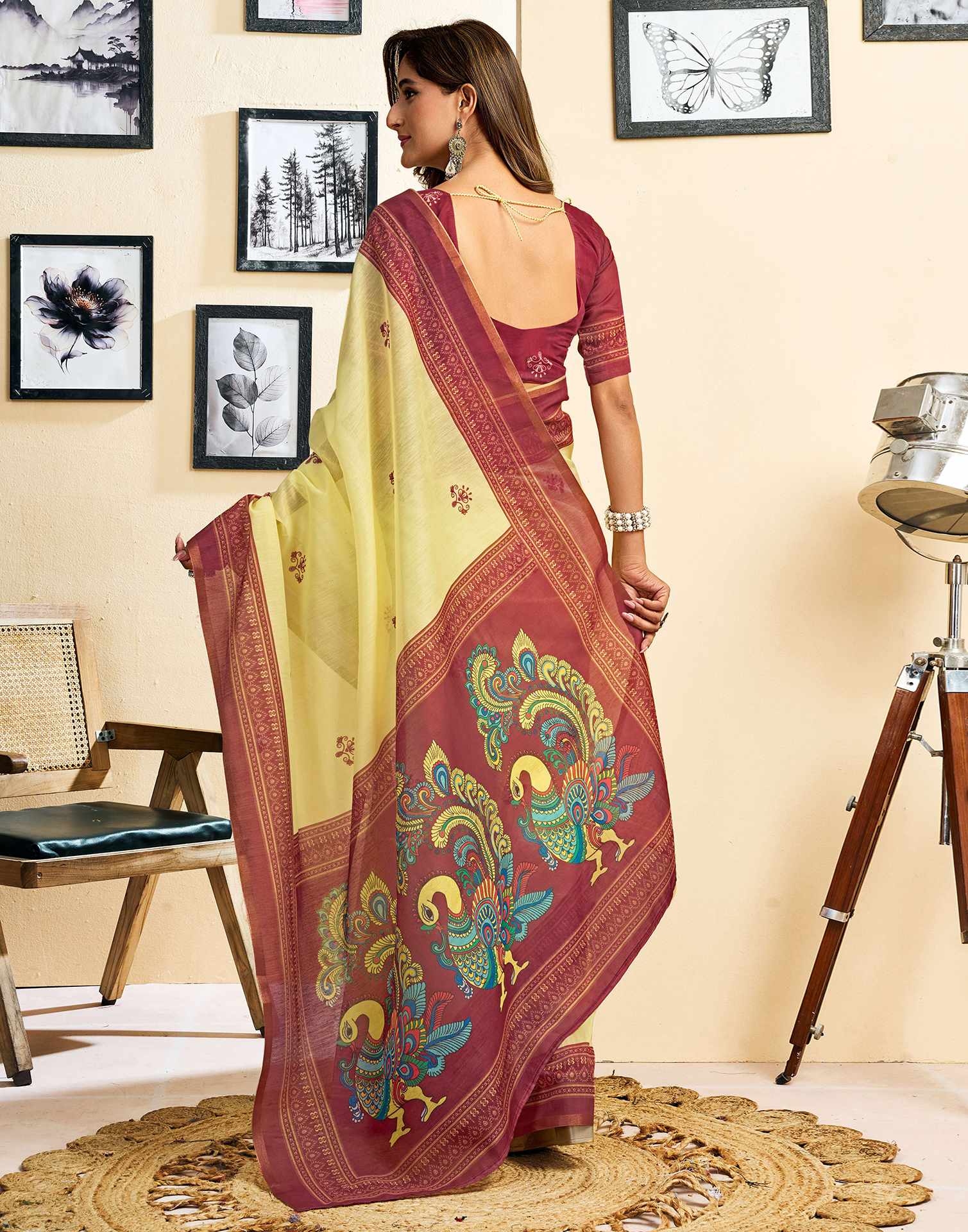 Ready To Wear Lemon Yellow Linen Printed Saree - Image 7