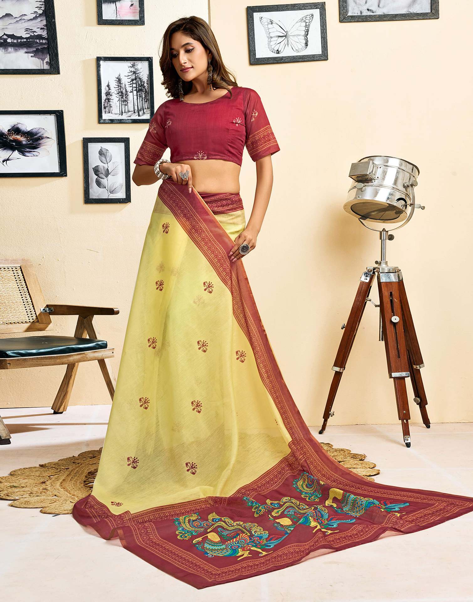 Ready To Wear Lemon Yellow Linen Printed Saree - Image 8