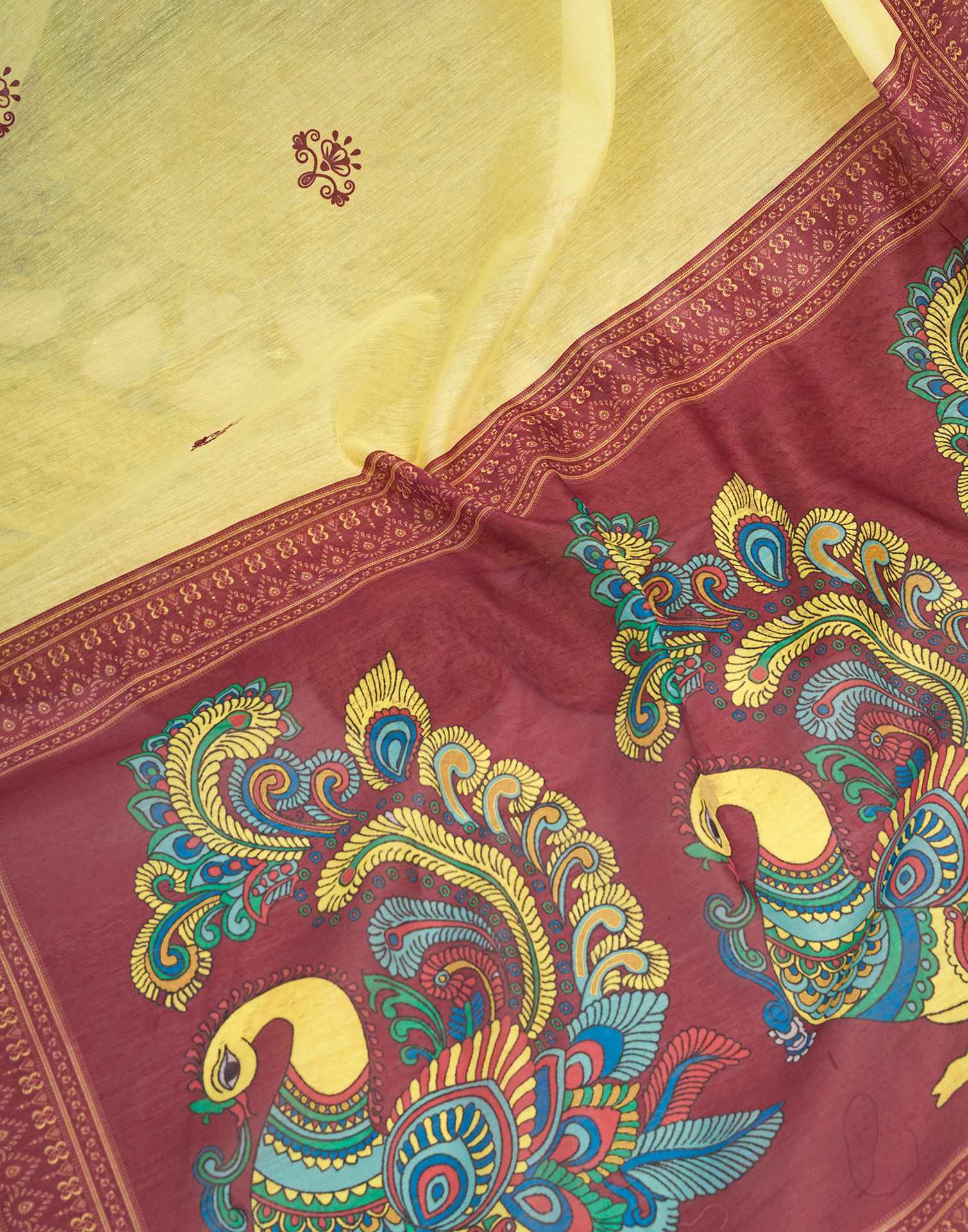Ready To Wear Lemon Yellow Linen Printed Saree - Image 9