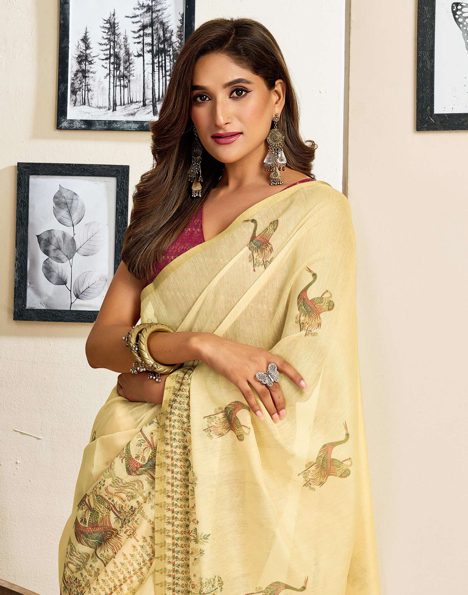 Ready To Wear Light Beige Chanderi Cotton Printed Saree - Image 4