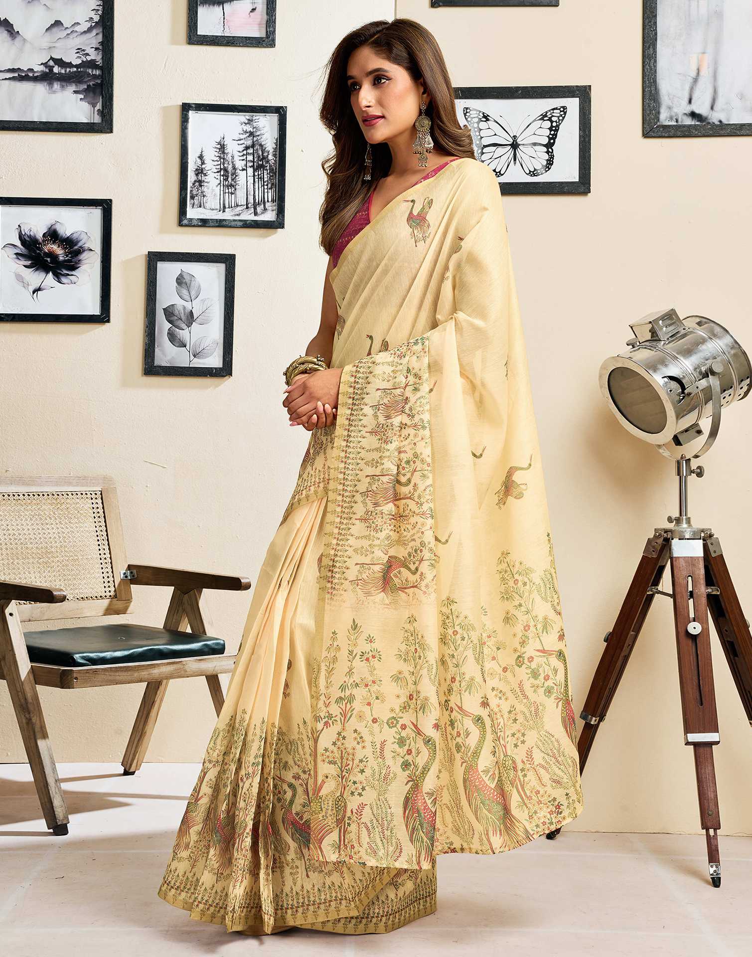 Ready To Wear Light Beige Chanderi Cotton Printed Saree - Image 6