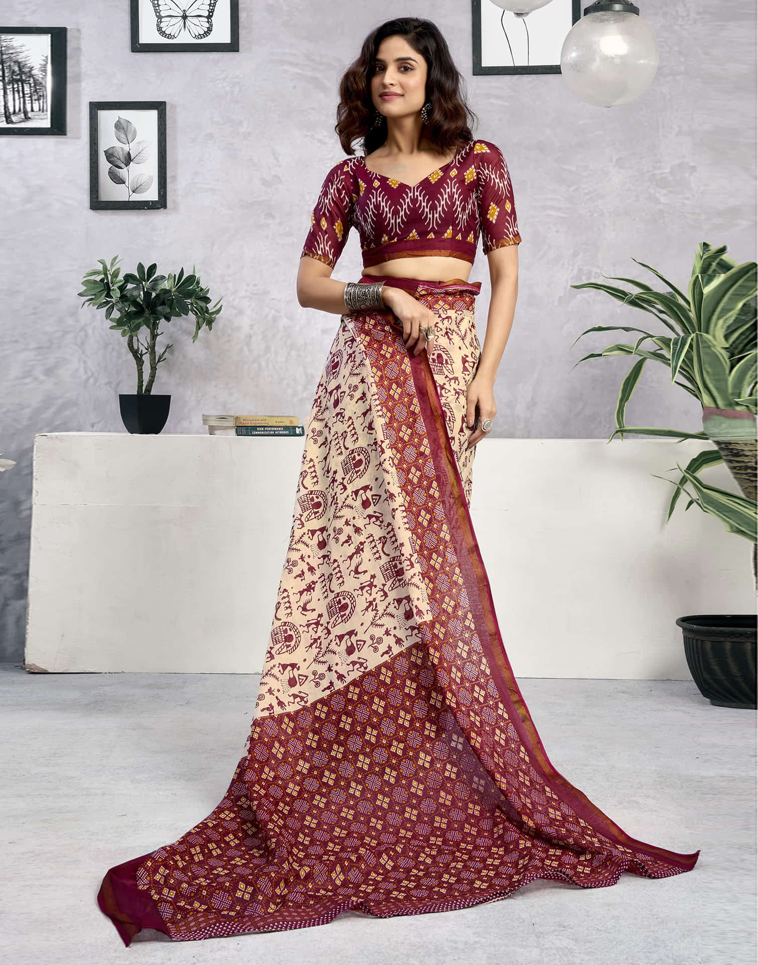 Ready To Wear Light Beige Cotton Warli Printed Saree - Image 4