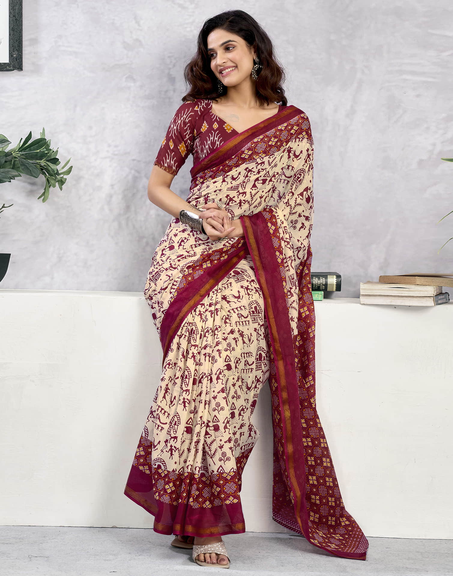 Ready To Wear Light Beige Cotton Warli Printed Saree - Image 6