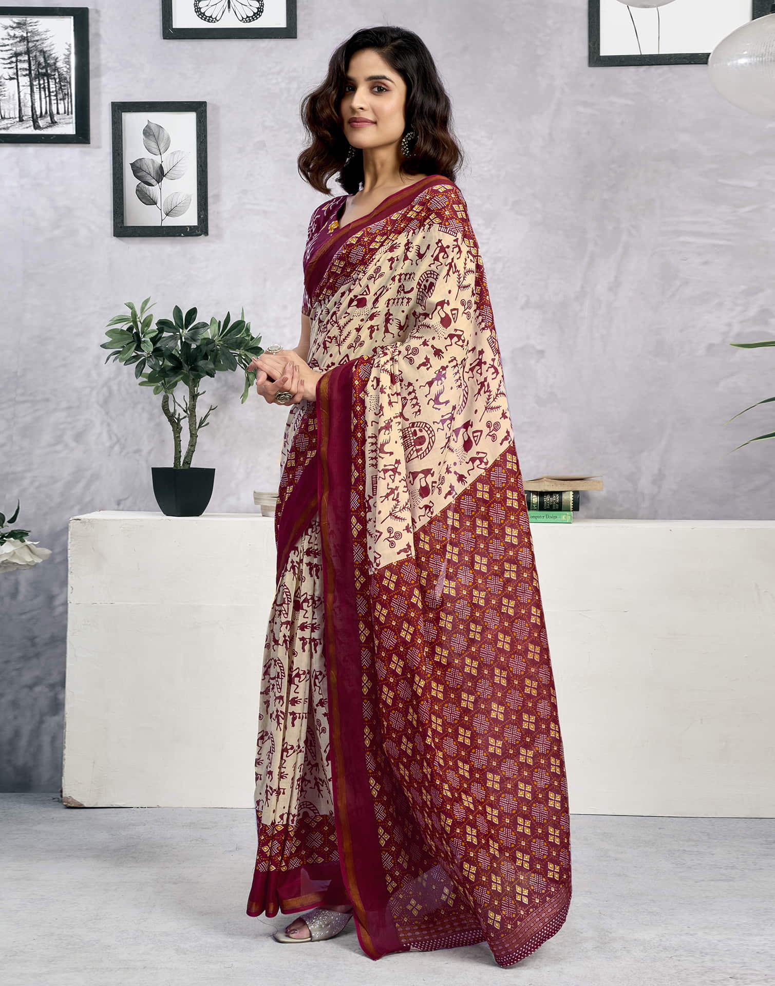 Ready To Wear Light Beige Cotton Warli Printed Saree - Image 7