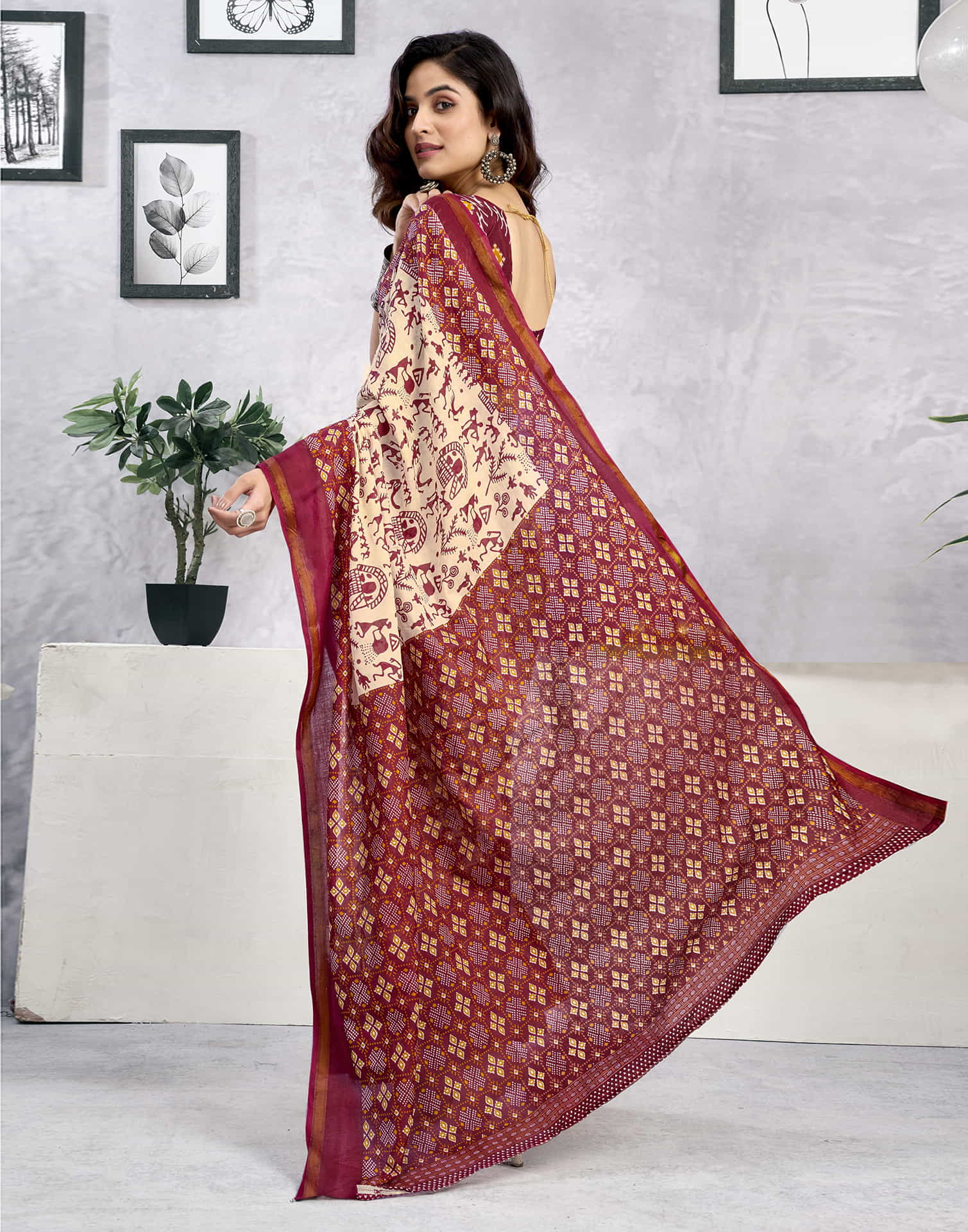 Ready To Wear Light Beige Cotton Warli Printed Saree - Image 8