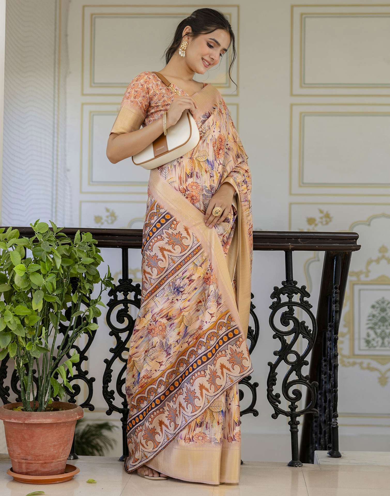 Ready To Wear Light Beige Dola Silk Woven Border Printed Saree - Image 9