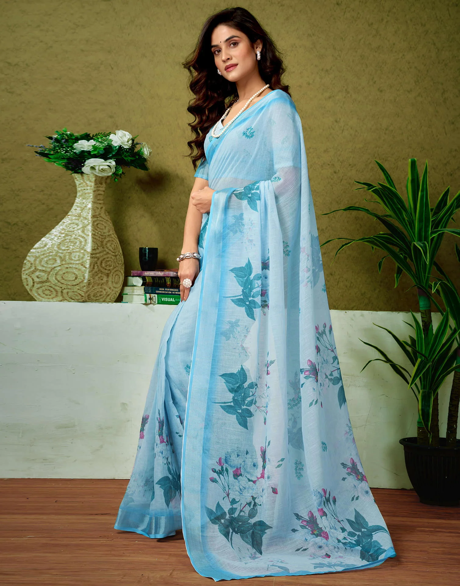 Ready To Wear Light Blue Linen Zari Printed Saree - Image 5