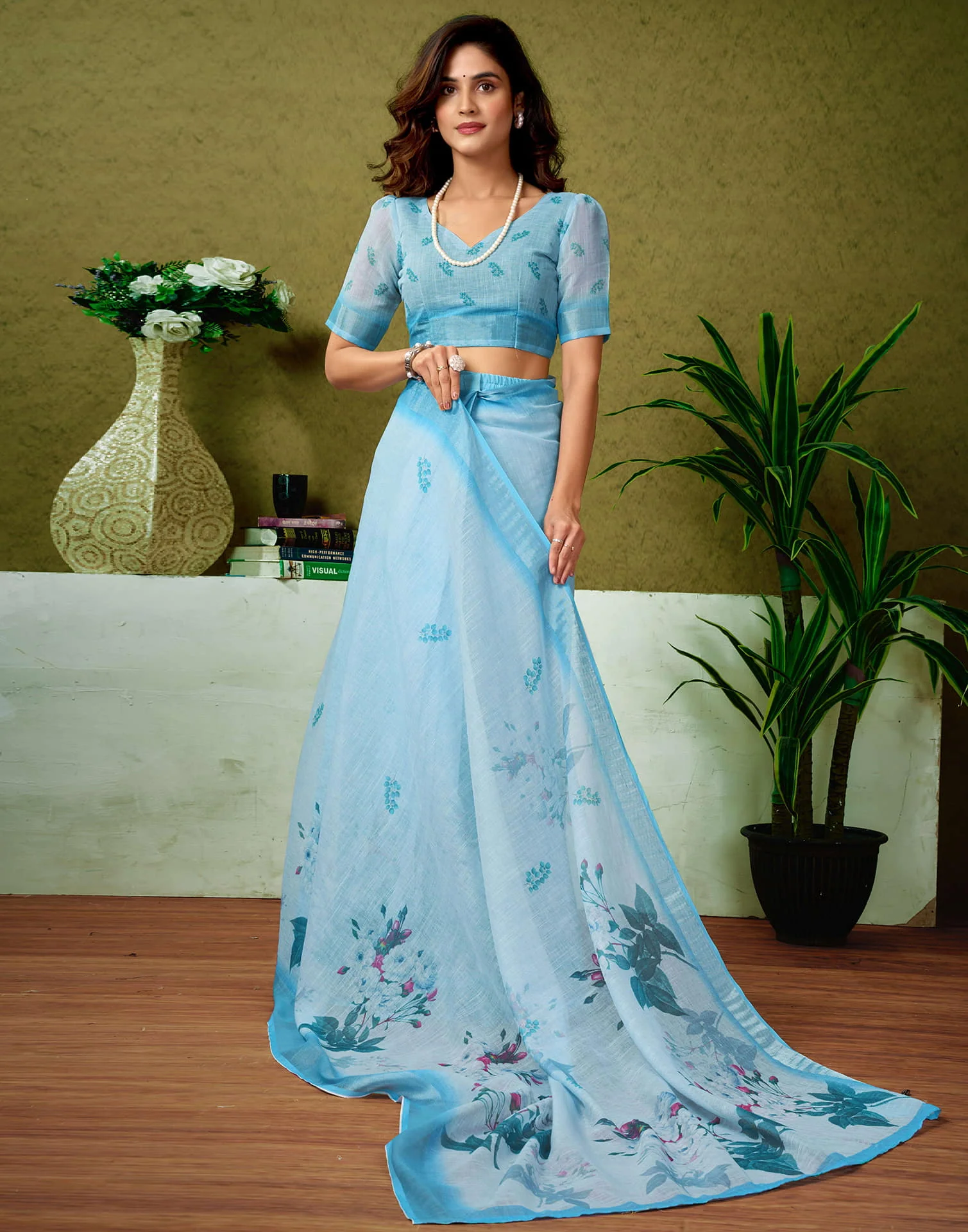 Ready To Wear Light Blue Linen Zari Printed Saree - Image 7