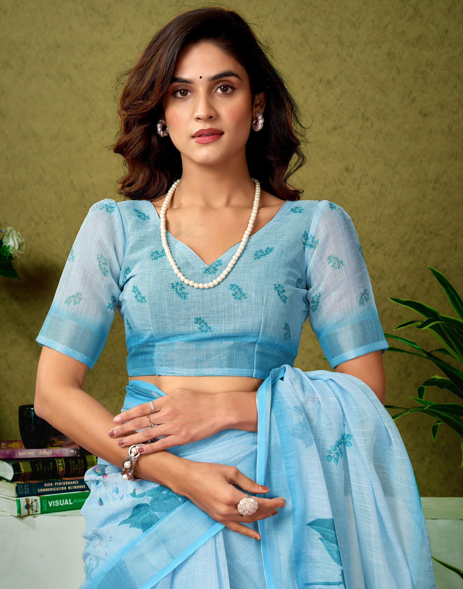 Ready To Wear Light Blue Linen Zari Printed Saree - Image 9