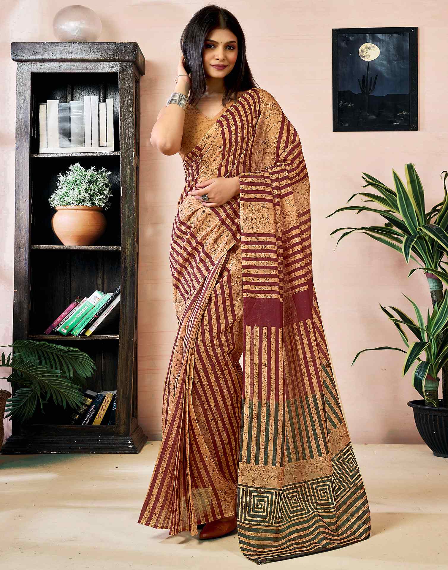 Ready to Wear Light Brown Chanderi Printed Saree - Image 2