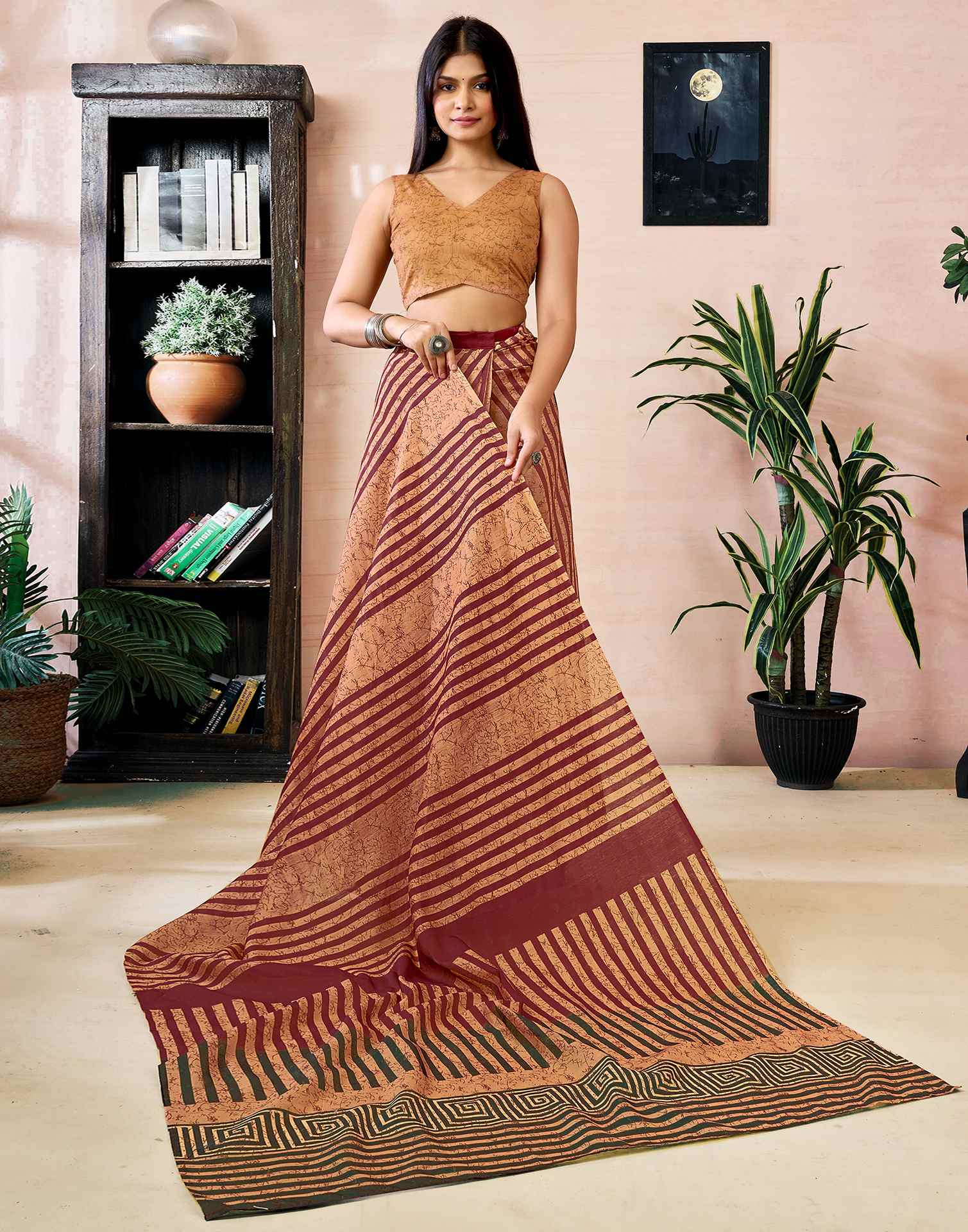 Ready to Wear Light Brown Chanderi Printed Saree - Image 7