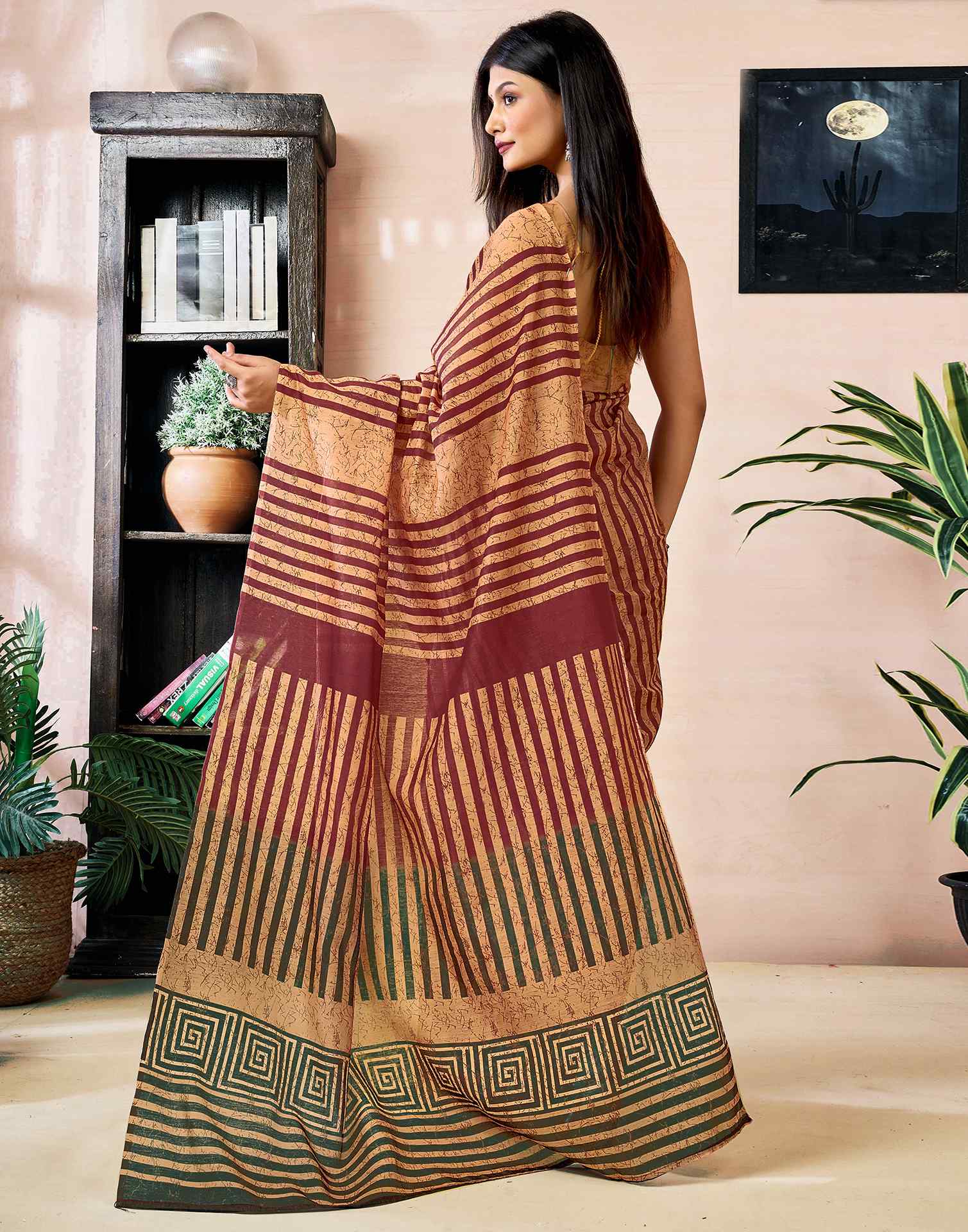 Ready to Wear Light Brown Chanderi Printed Saree - Image 8