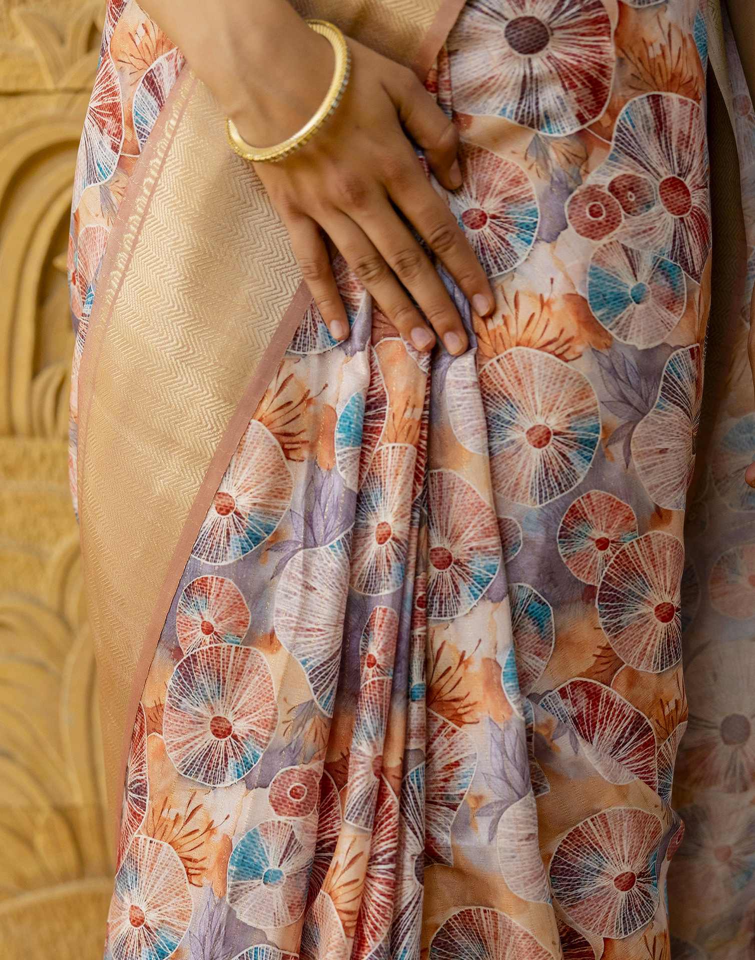 Ready To Wear Light Brown Dola Silk Woven Border Printed Saree - Image 13