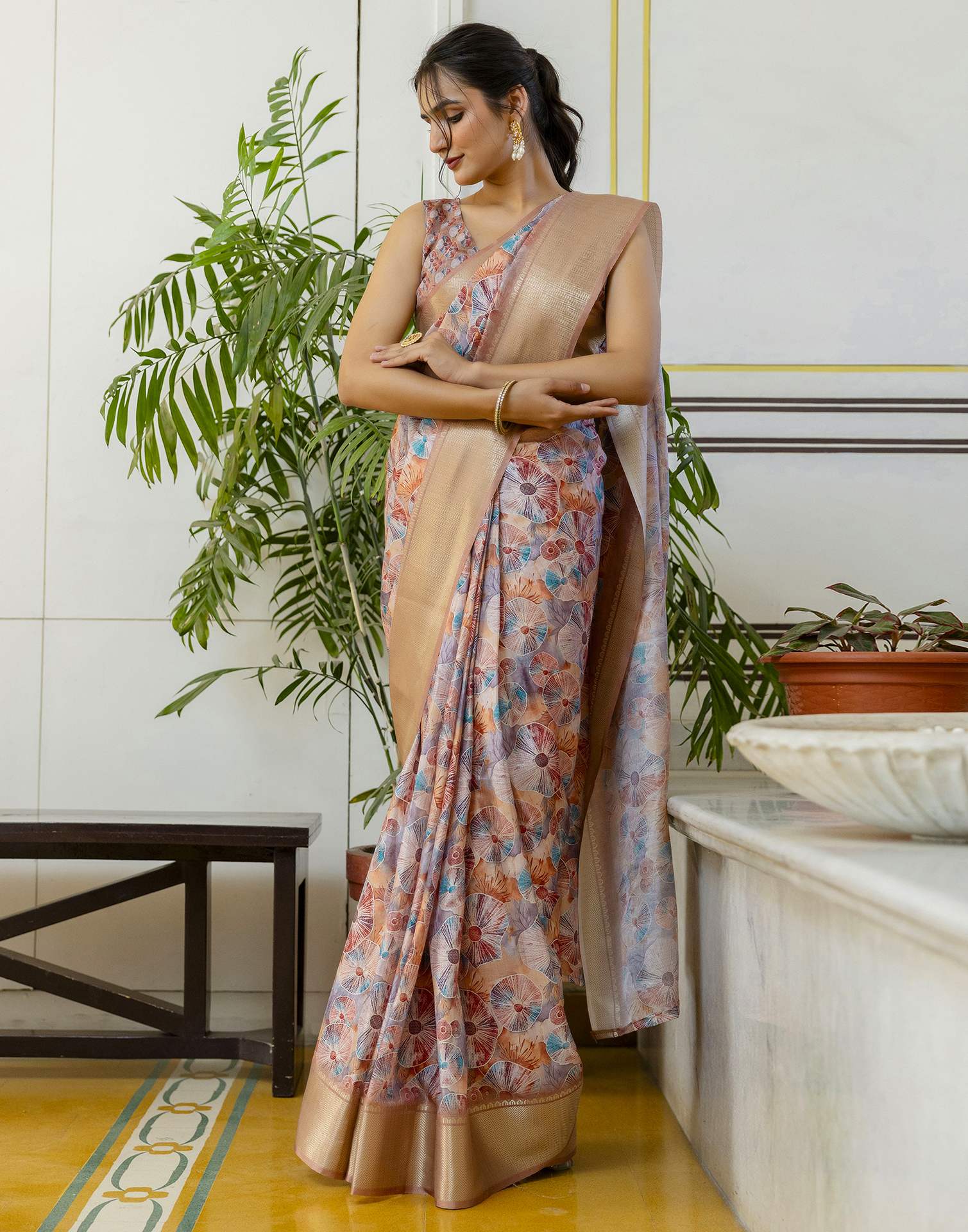 Ready To Wear Light Brown Dola Silk Woven Border Printed Saree - Image 8