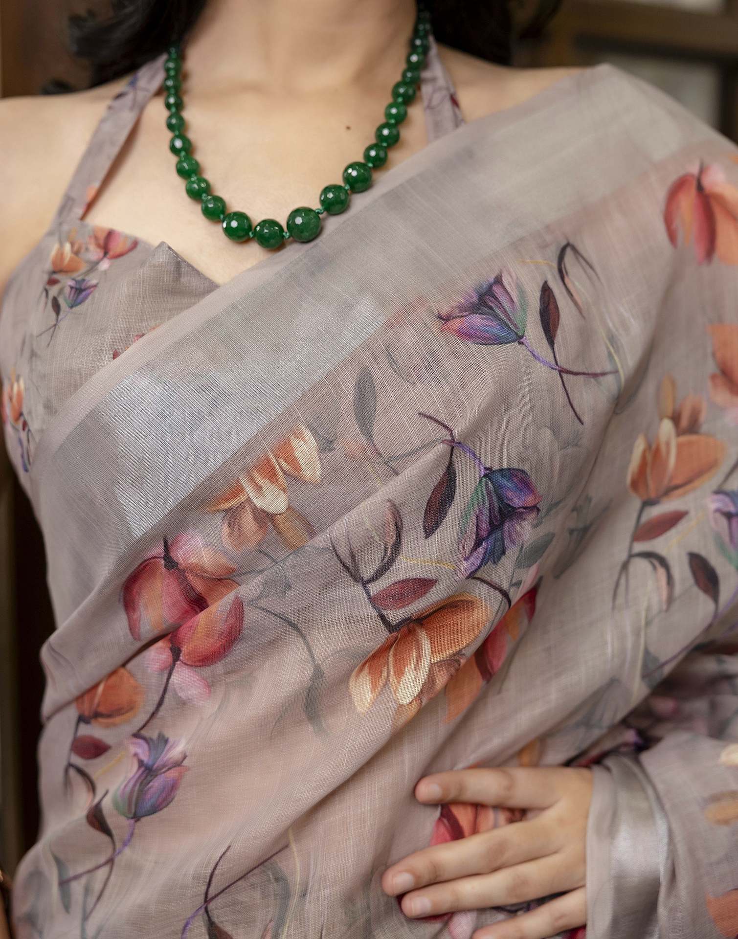 Ready To Wear Light Brown Linen Floral Printed Saree - Image 10