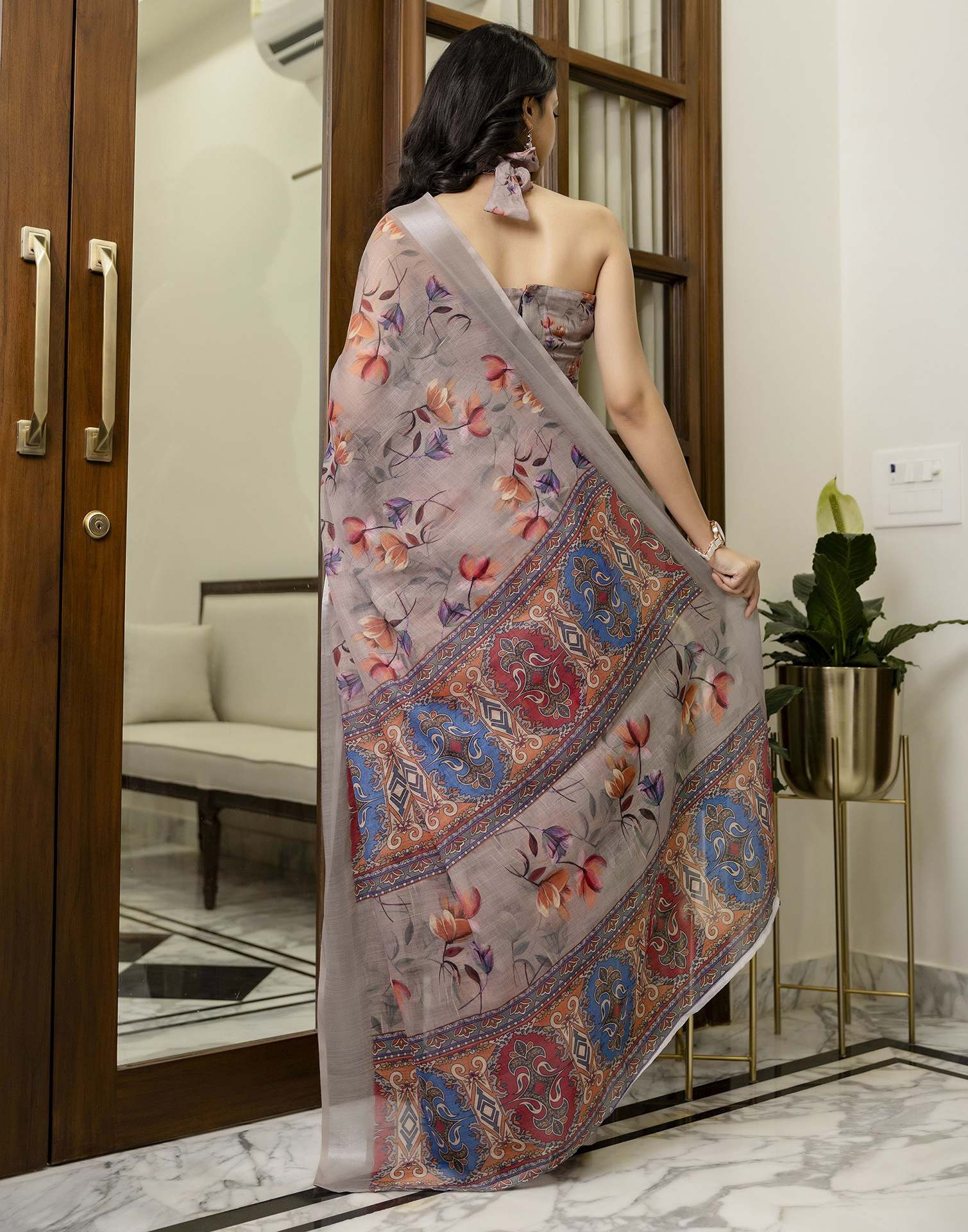 Ready To Wear Light Brown Linen Floral Printed Saree - Image 8