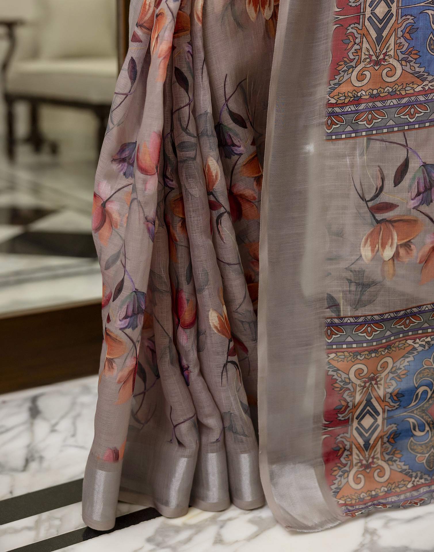 Ready To Wear Light Brown Linen Floral Printed Saree - Image 9