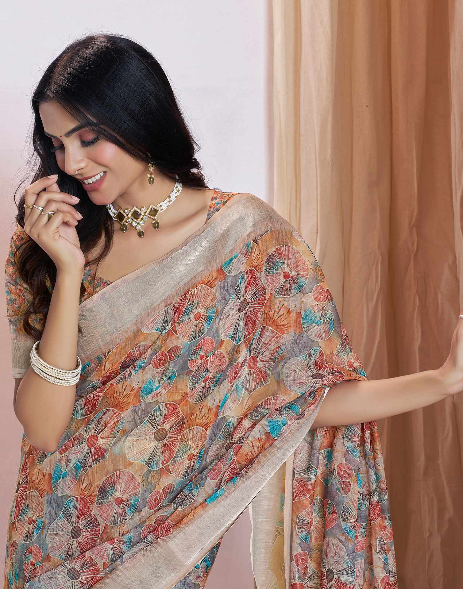 Ready To Wear Light Brown Linen Woven Border Printed Saree - Image 4
