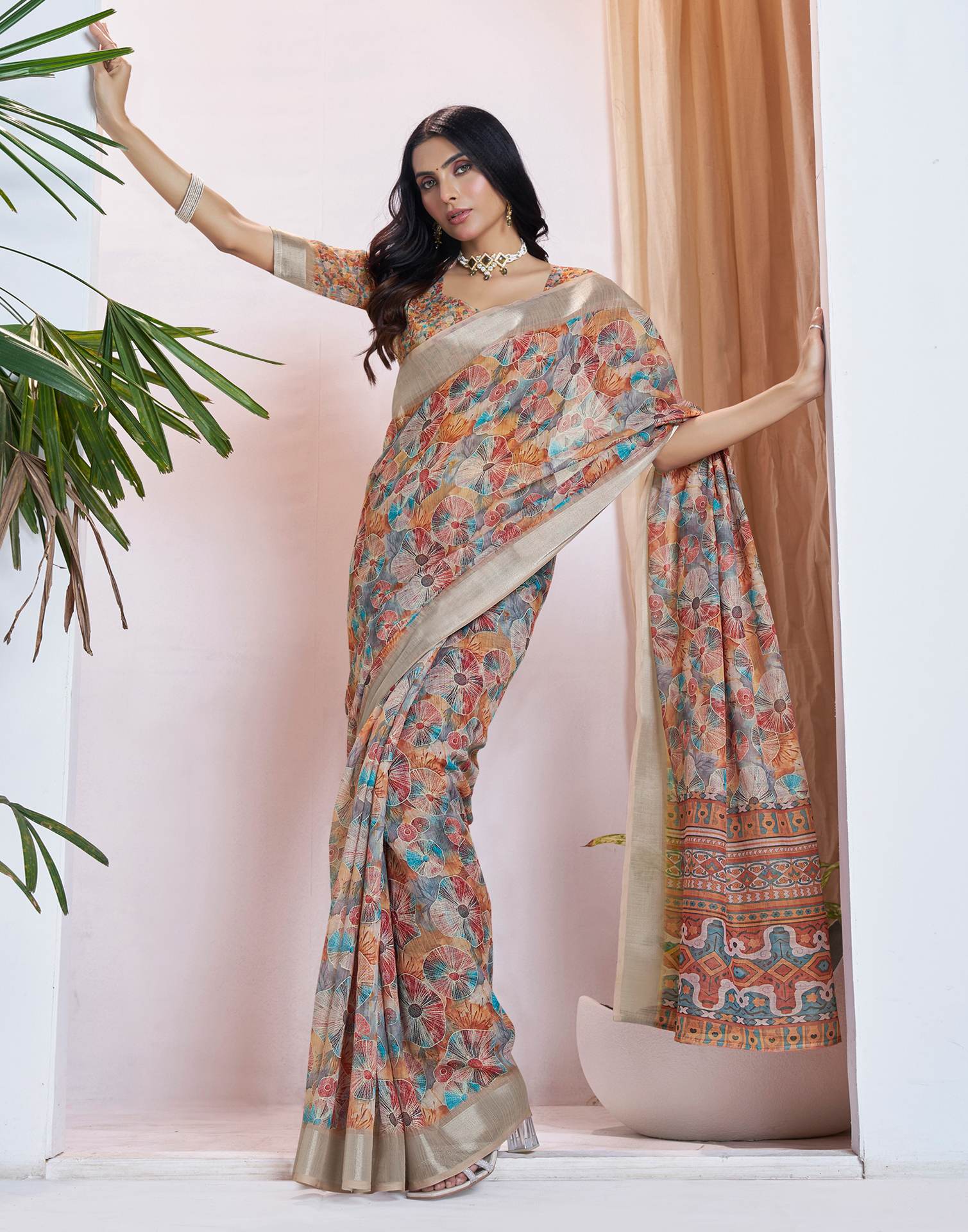 Ready To Wear Light Brown Linen Woven Border Printed Saree - Image 5