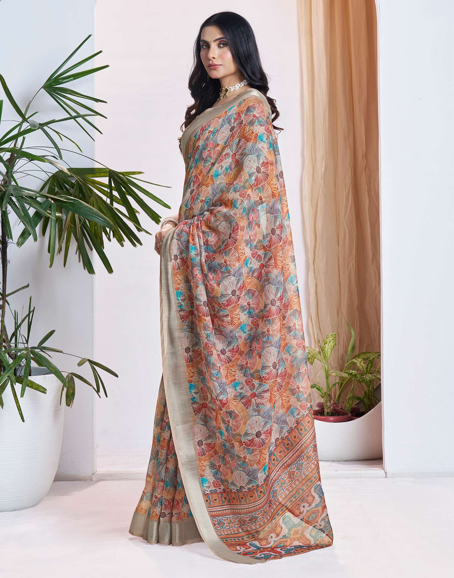 Ready To Wear Light Brown Linen Woven Border Printed Saree - Image 6
