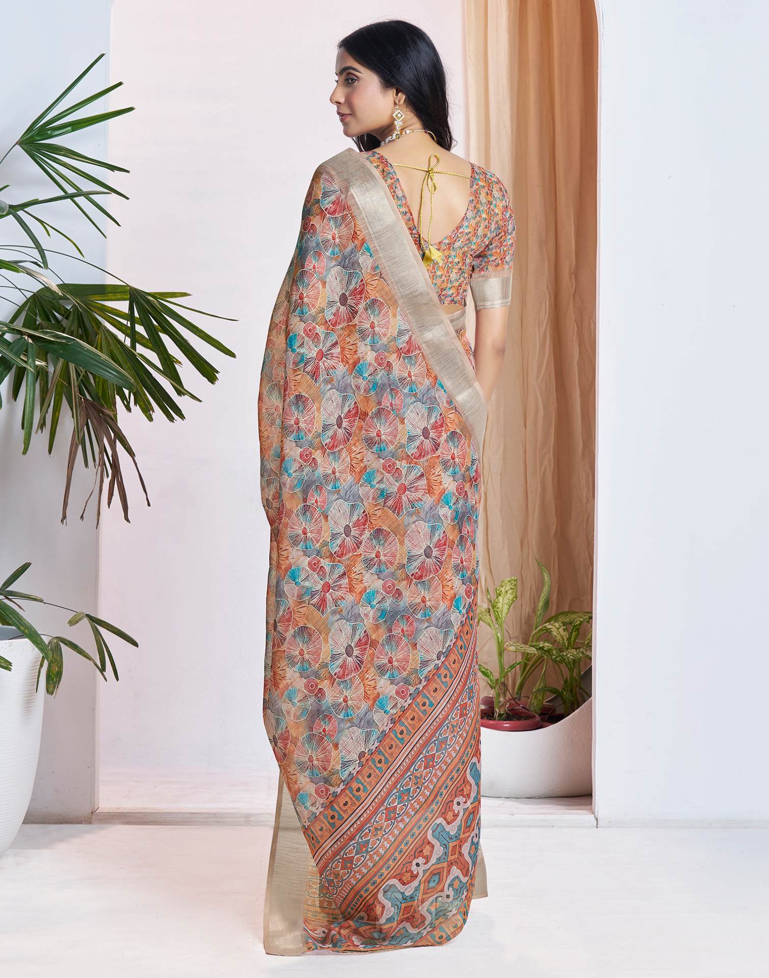 Ready To Wear Light Brown Linen Woven Border Printed Saree - Image 7