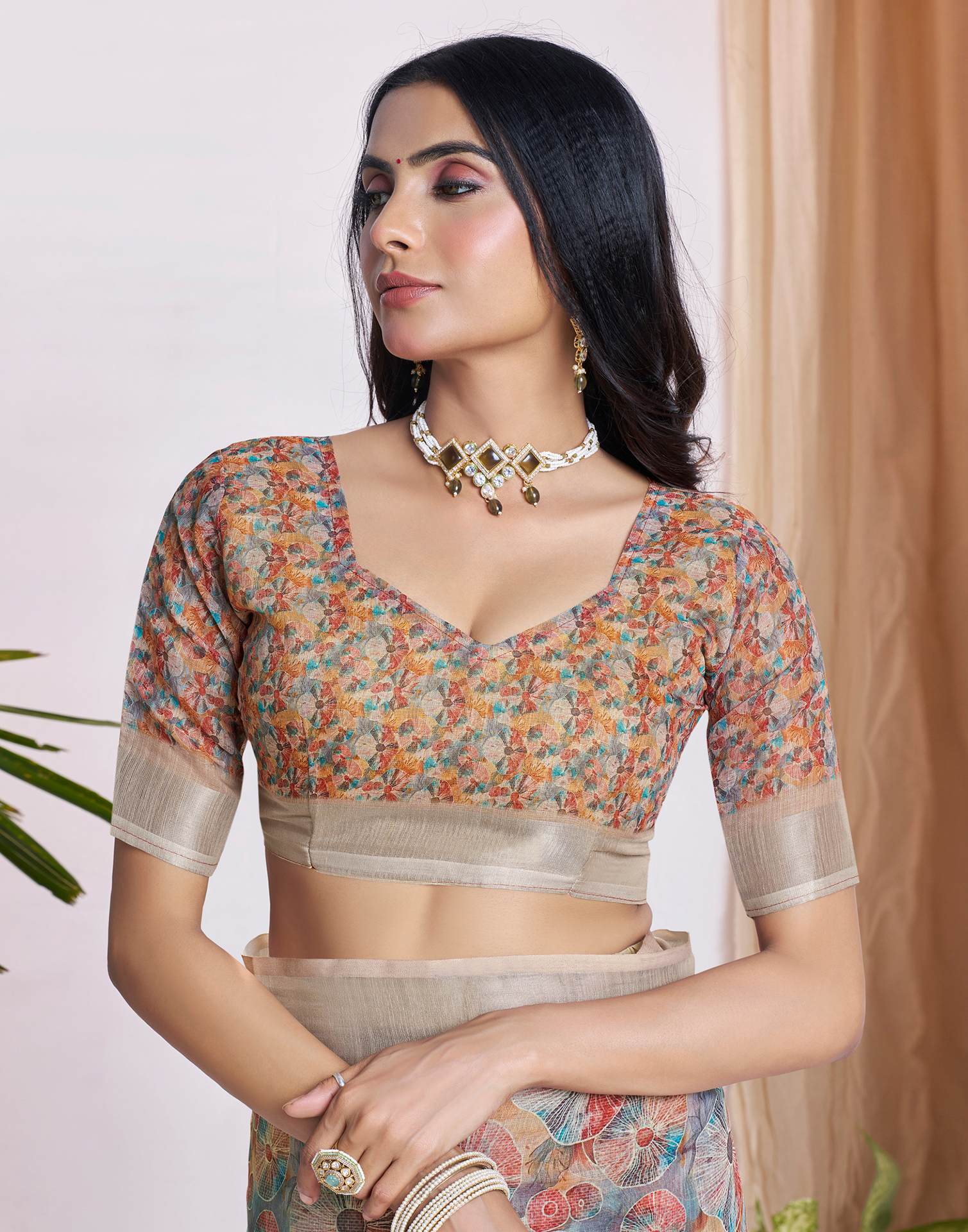 Ready To Wear Light Brown Linen Woven Border Printed Saree - Image 9