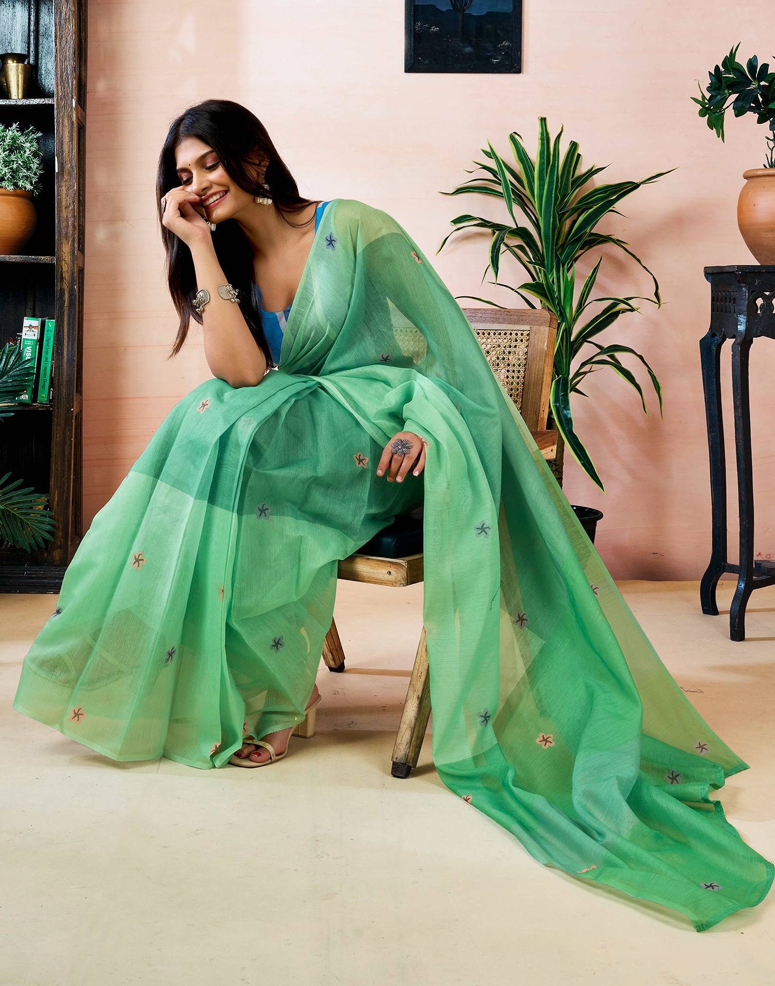 Ready to Wear Light Green Chanderi Printed Saree - Image 4