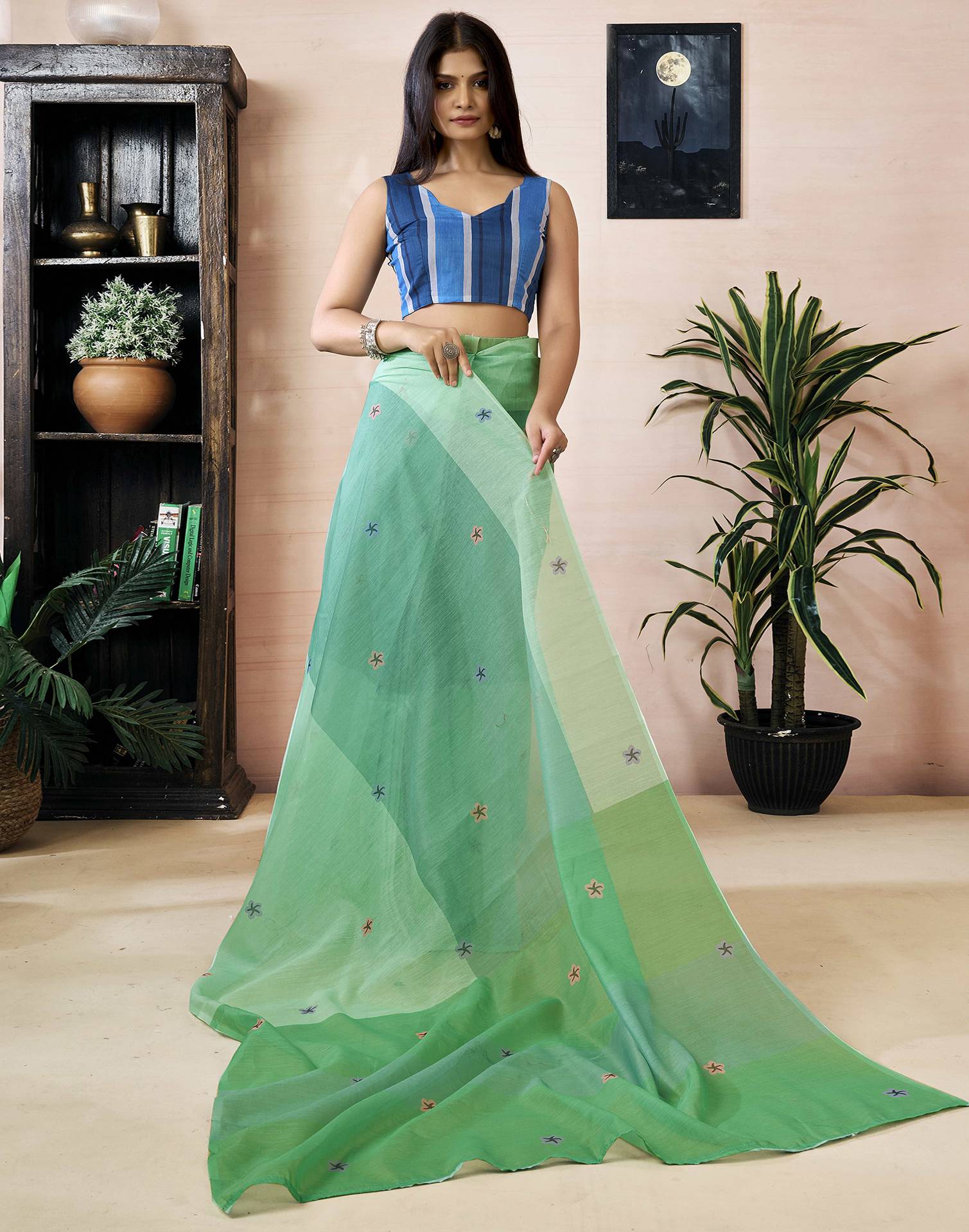 Ready to Wear Light Green Chanderi Printed Saree - Image 6
