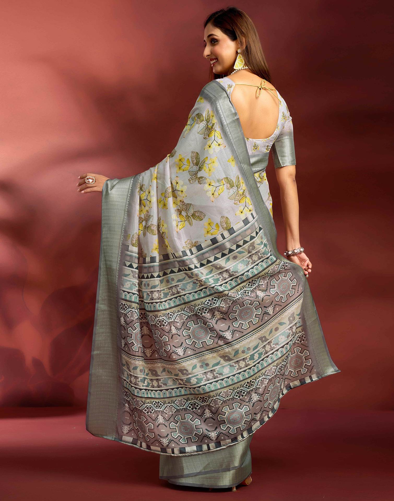 Ready To Wear Light Grey Dola Silk Printed Saree - Image 8