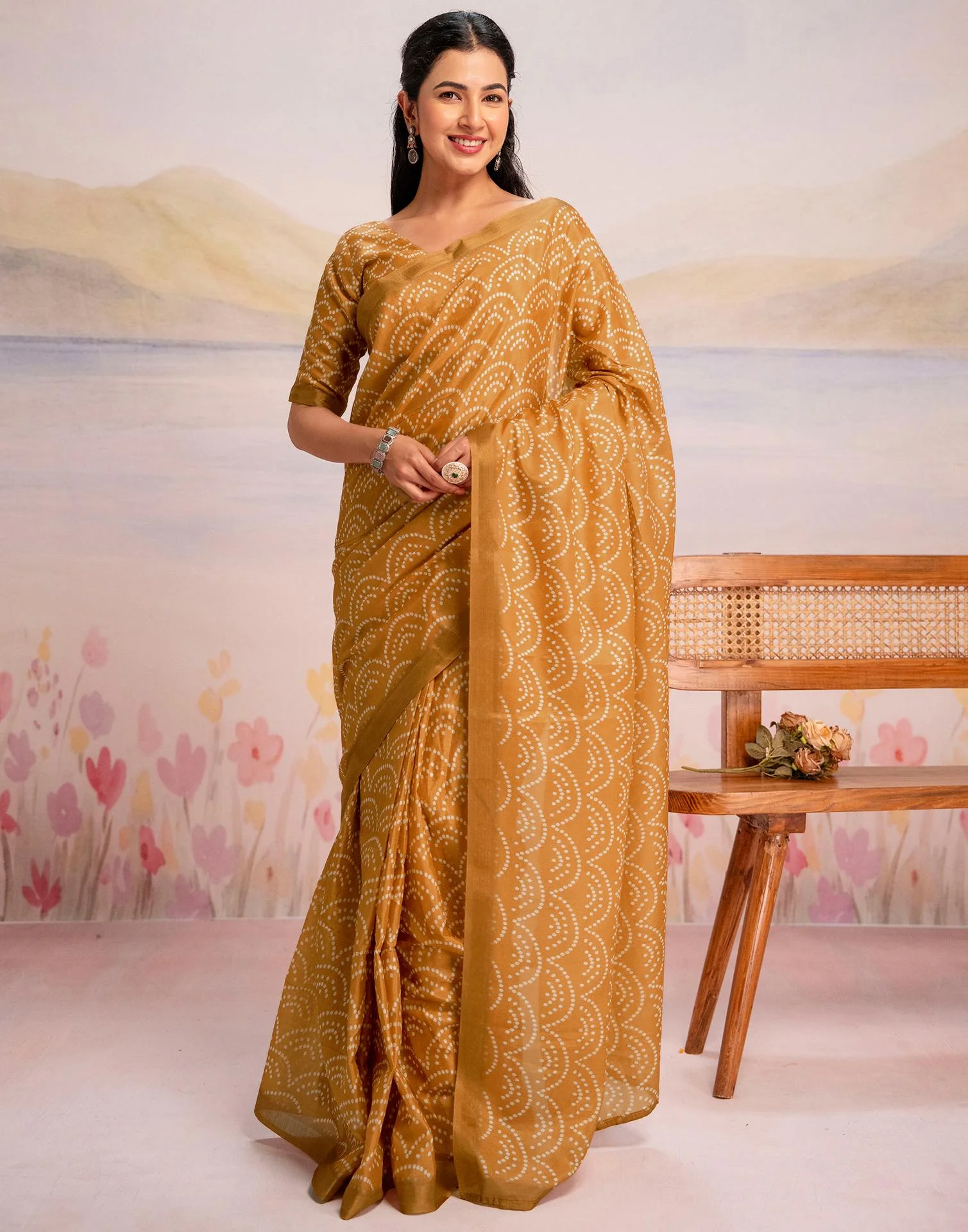 Ready To Wear Light Mustard Linen Printed Saree