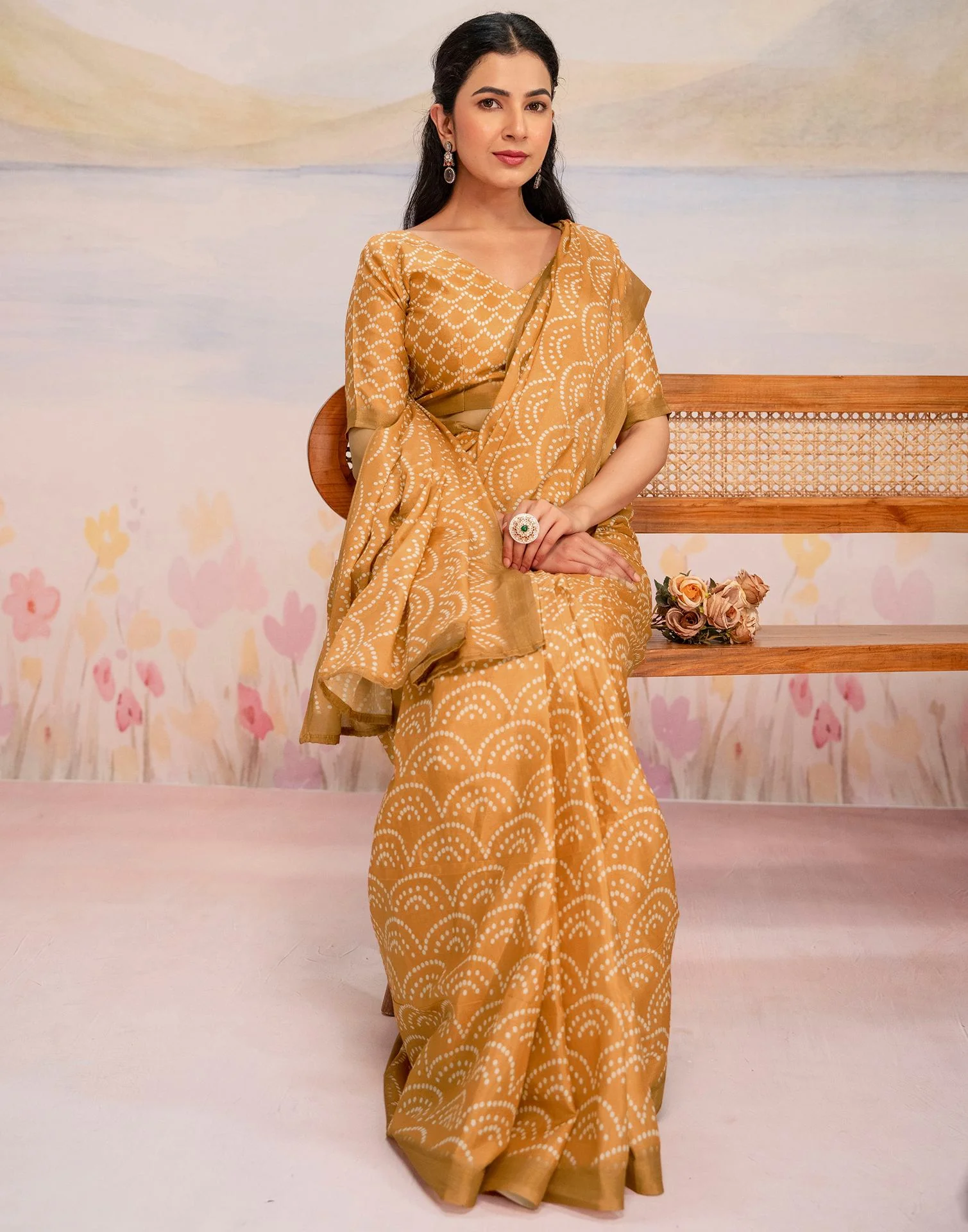 Ready To Wear Light Mustard Linen Printed Saree - Image 10