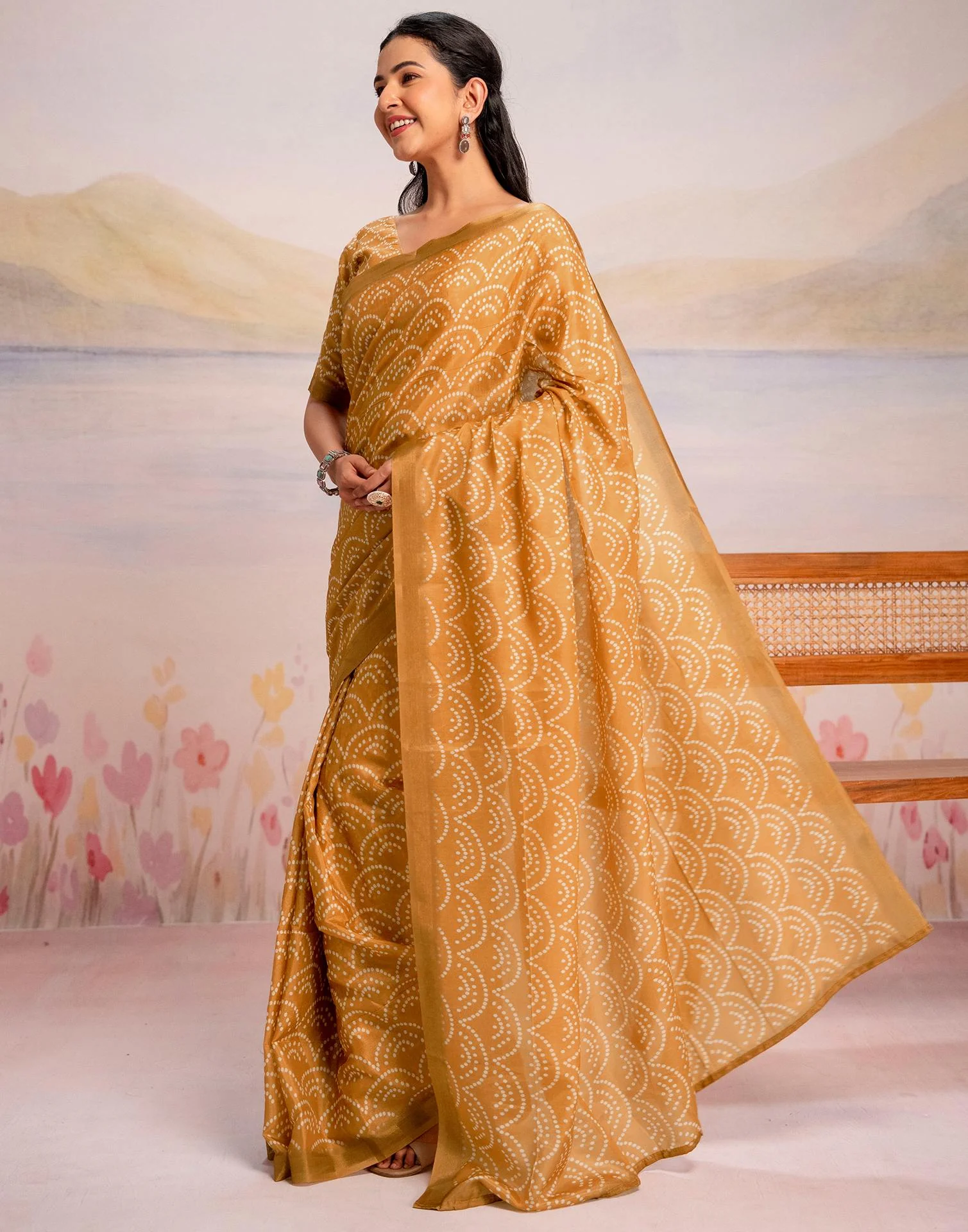 Ready To Wear Light Mustard Linen Printed Saree - Image 5