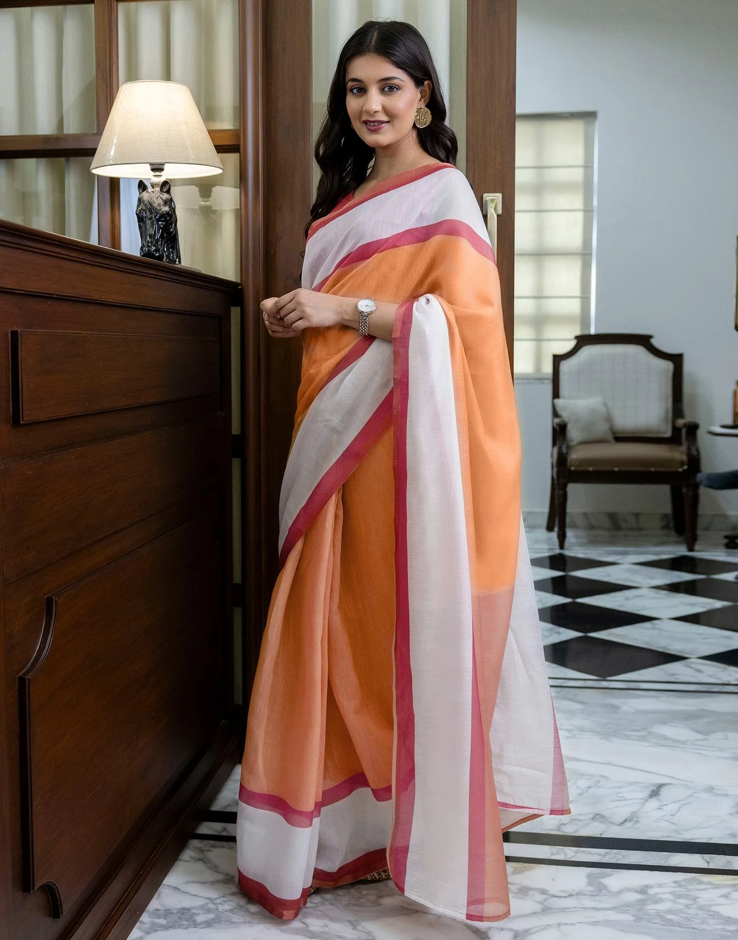 Ready To Wear Light Orange Linen Zari Border Saree - Image 2
