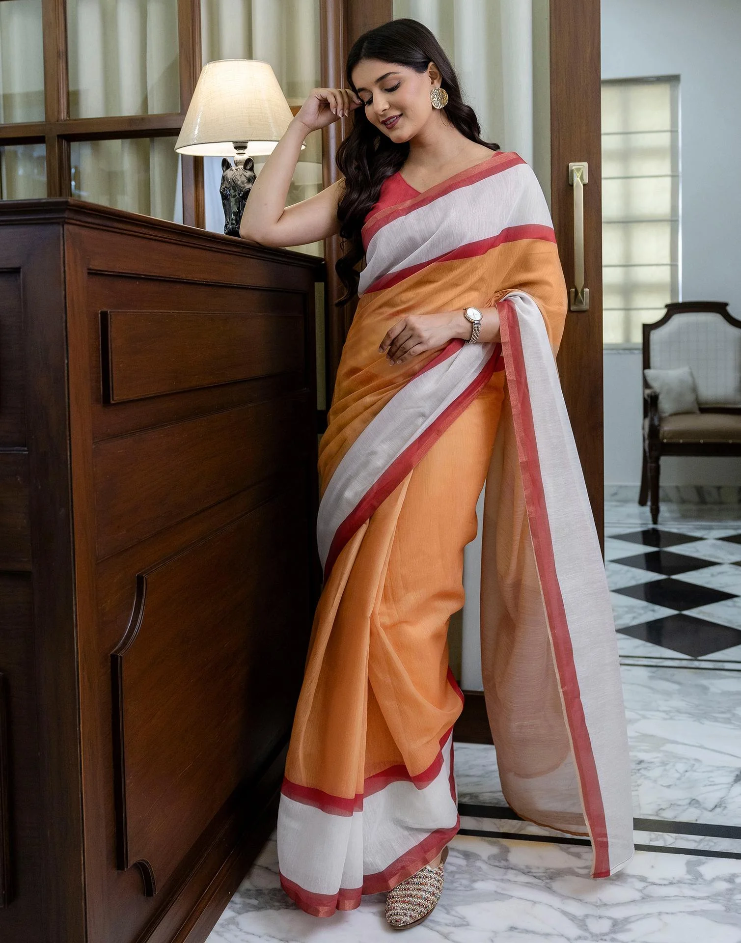 Ready To Wear Light Orange Linen Zari Border Saree - Image 4