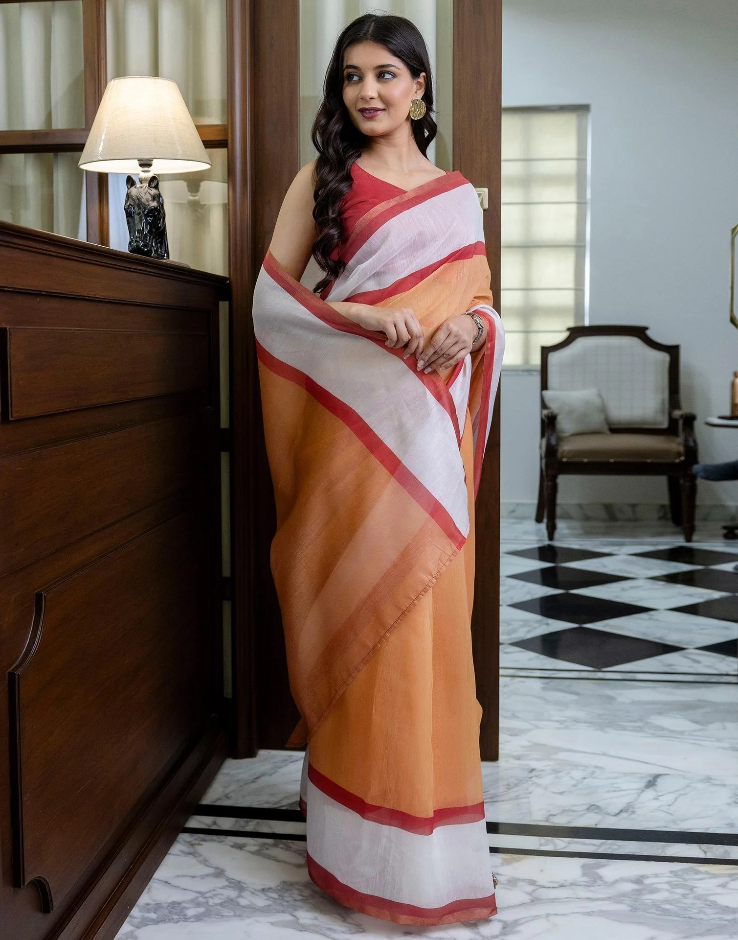 Ready To Wear Light Orange Linen Zari Border Saree - Image 8