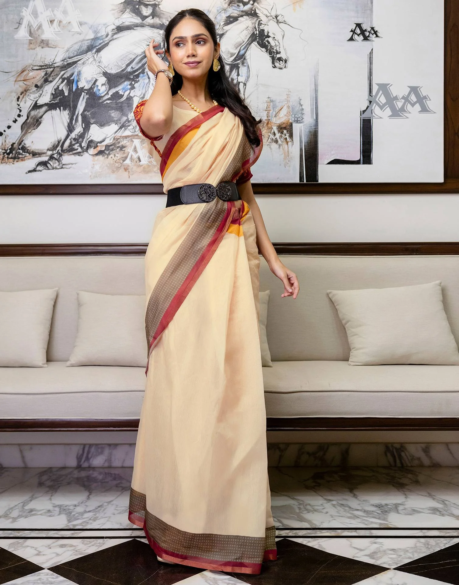 Ready To Wear Light Peach Linen Printed Saree - Image 7