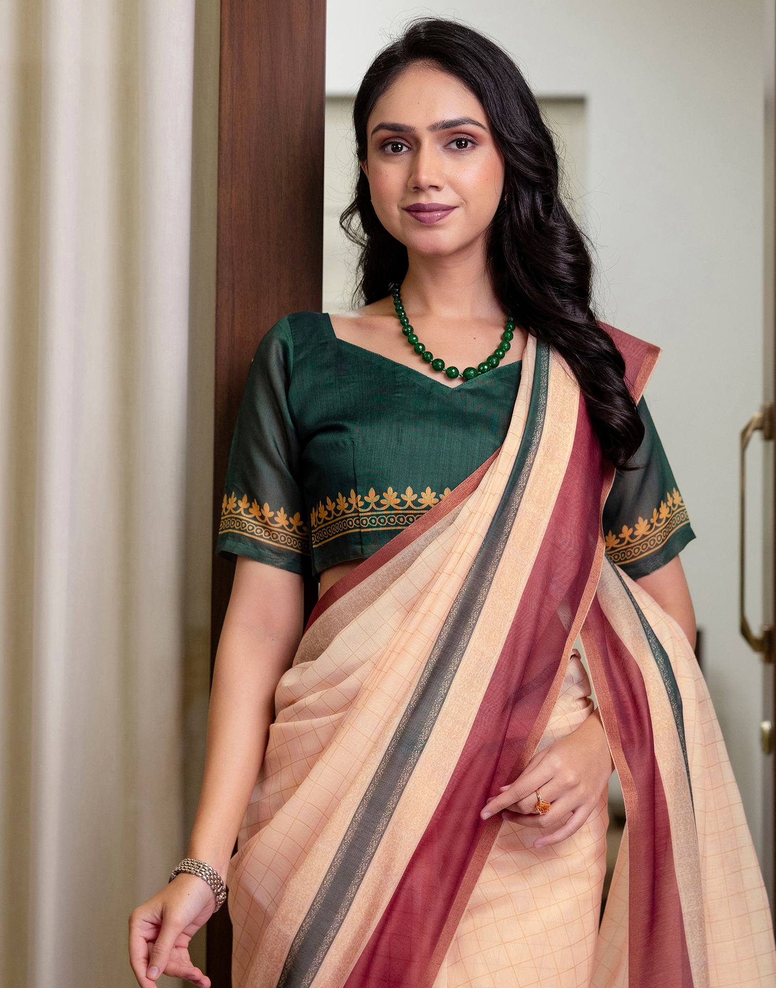 Ready To Wear Light Peach Linen Printed Saree - Image 4