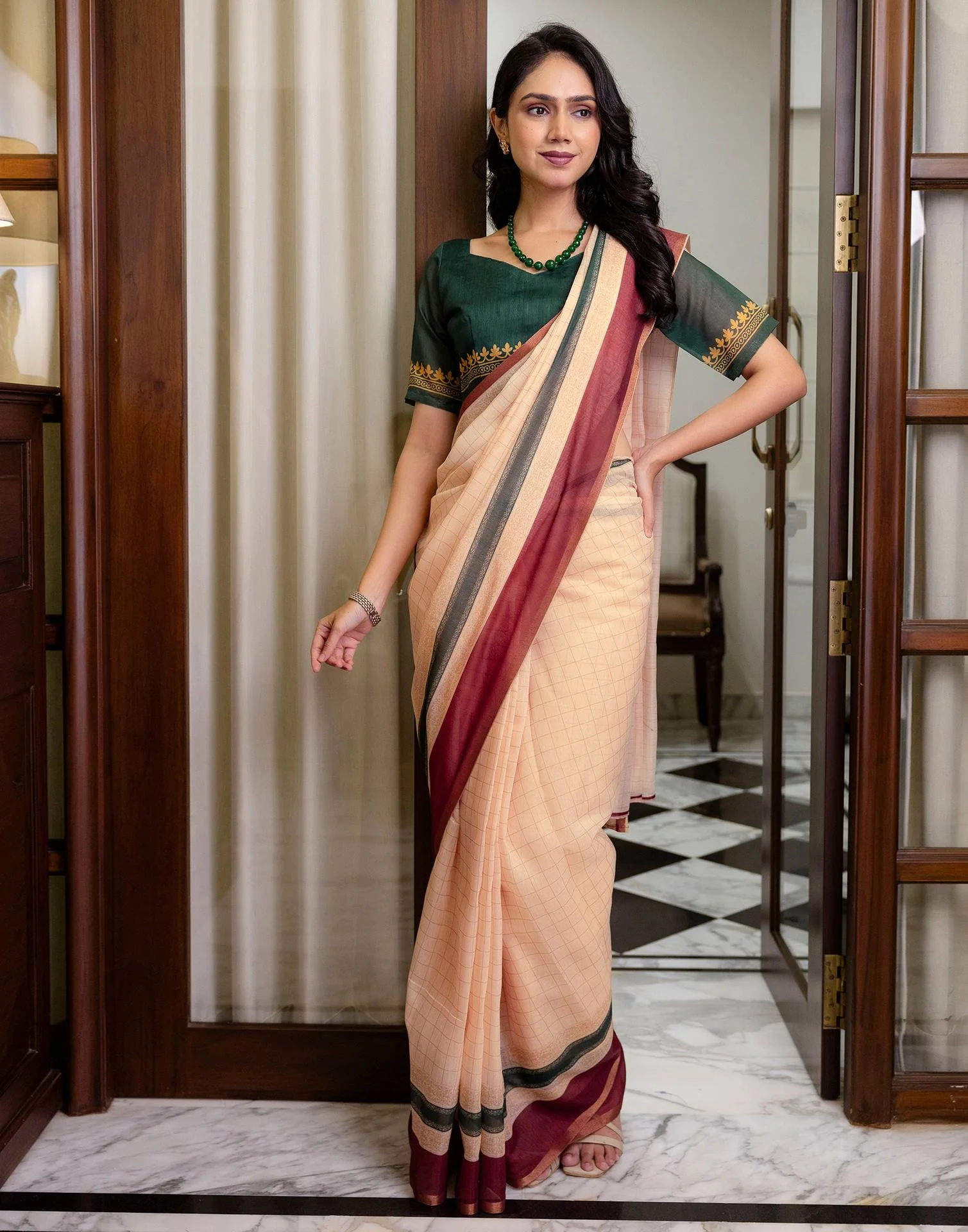 Ready To Wear Light Peach Linen Printed Saree - Image 7