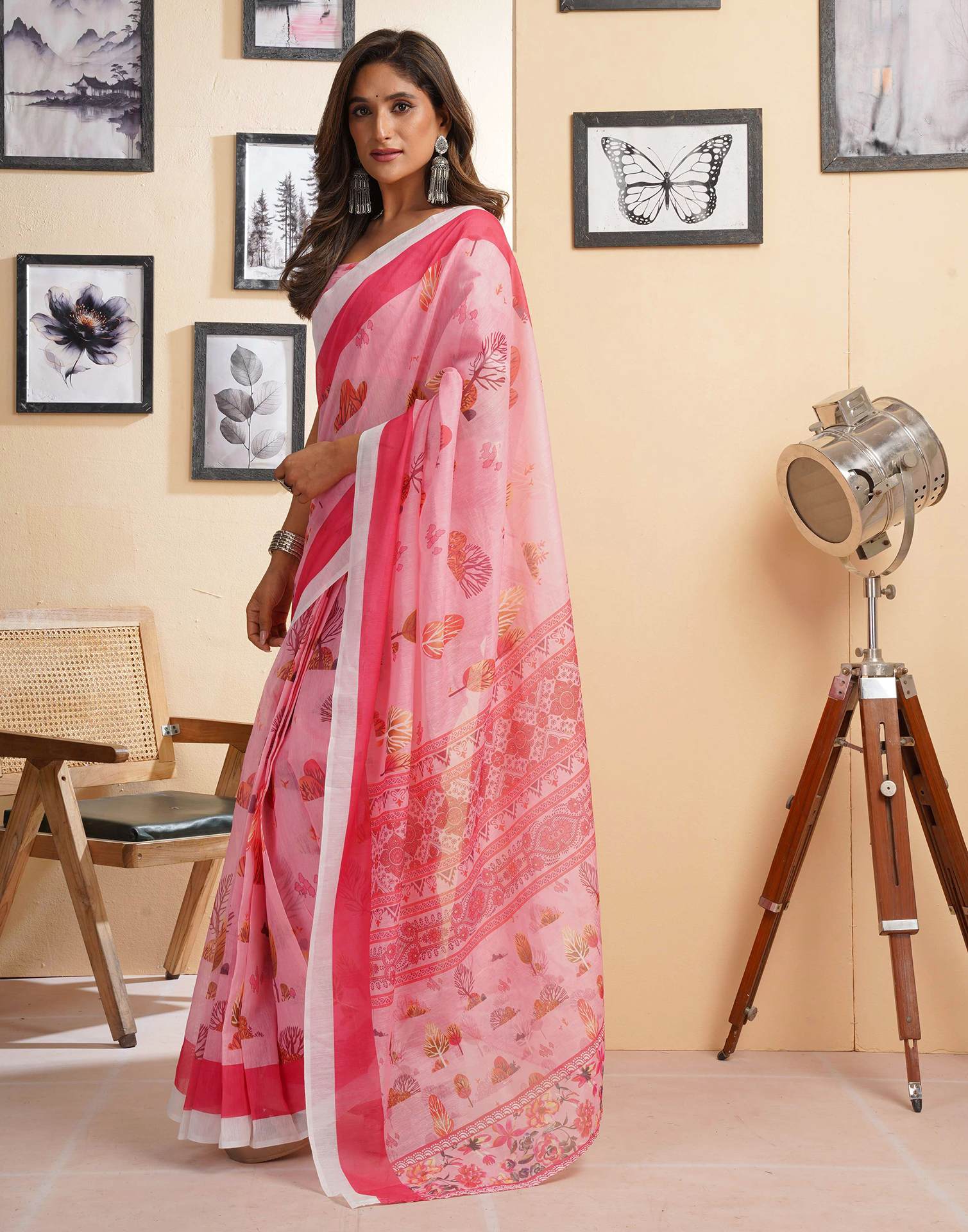Ready To Wear Light Pink Chanderi Cotton Printed Saree - Image 5