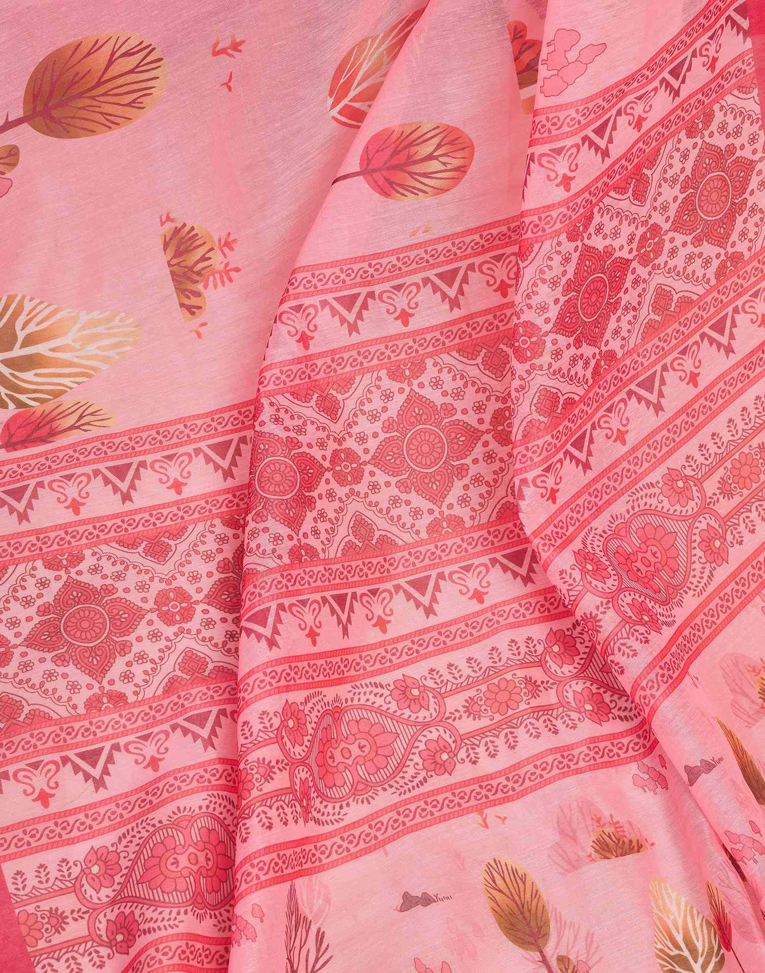 Ready To Wear Light Pink Chanderi Cotton Printed Saree - Image 9