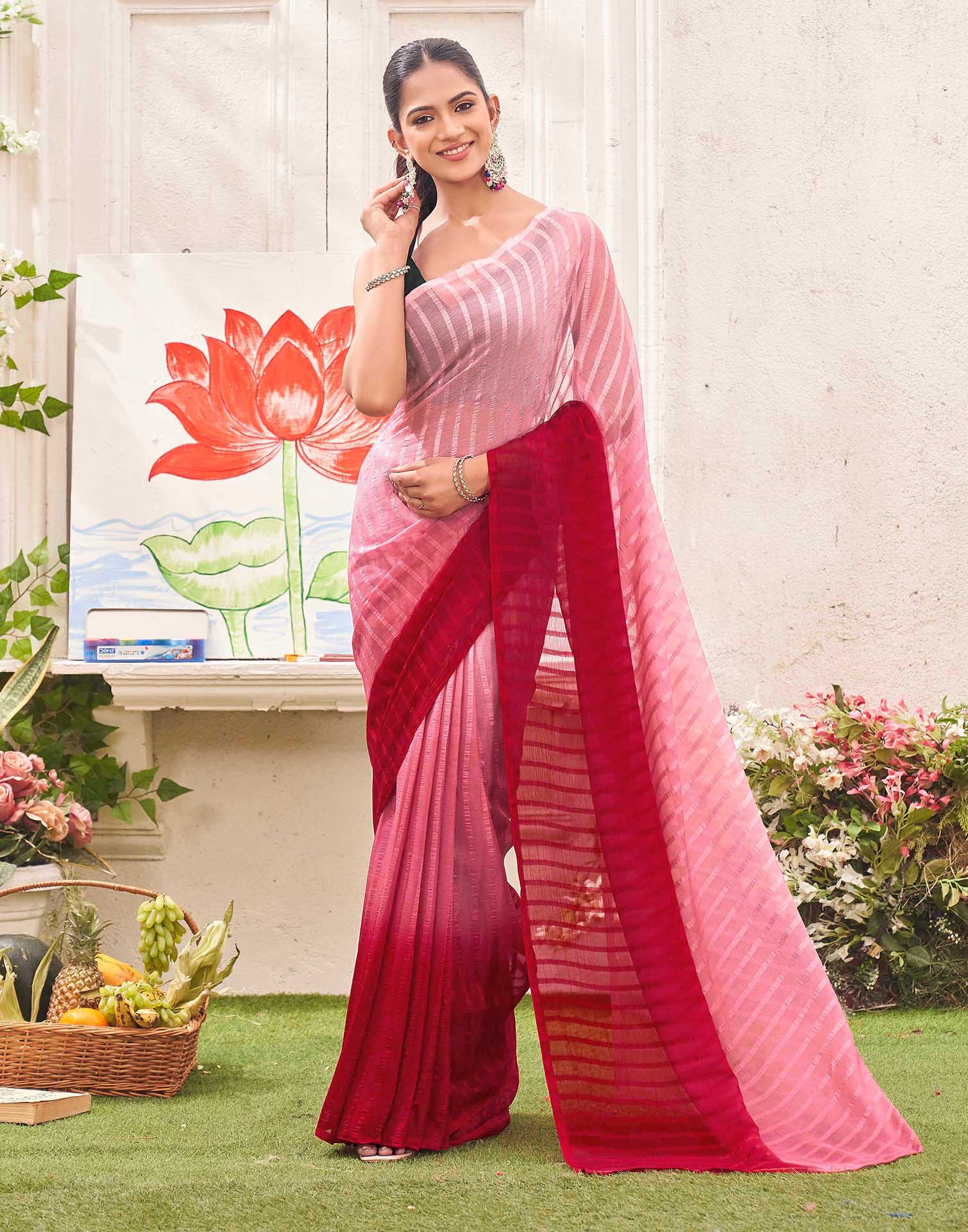 Ready To Wear Light Pink Chiffon Ombre Zari Stripe Saree  - Image 4