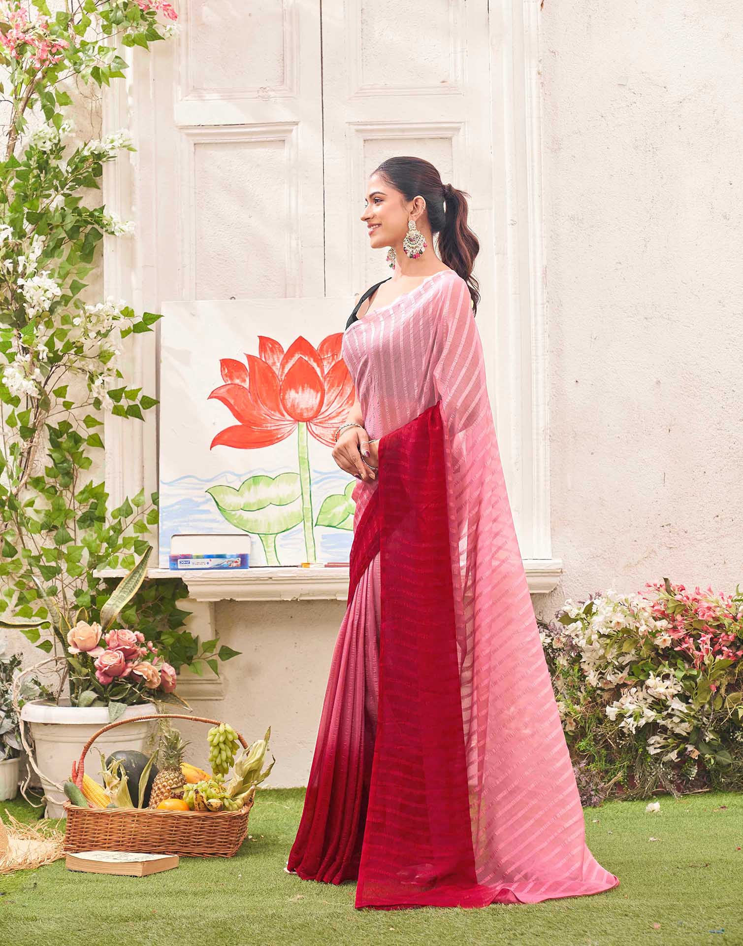 Ready To Wear Light Pink Chiffon Ombre Zari Stripe Saree  - Image 5