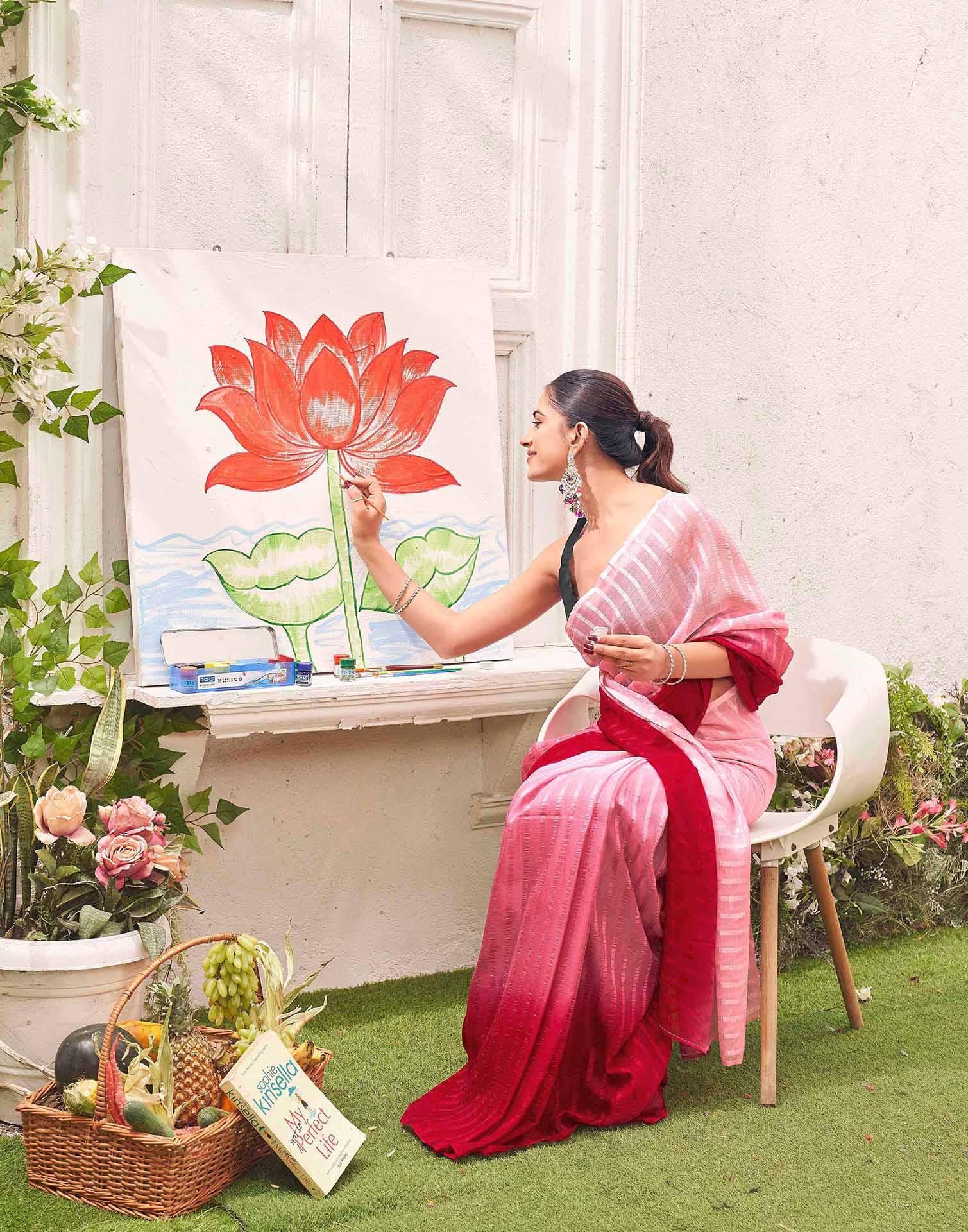 Ready To Wear Light Pink Chiffon Ombre Zari Stripe Saree  - Image 6